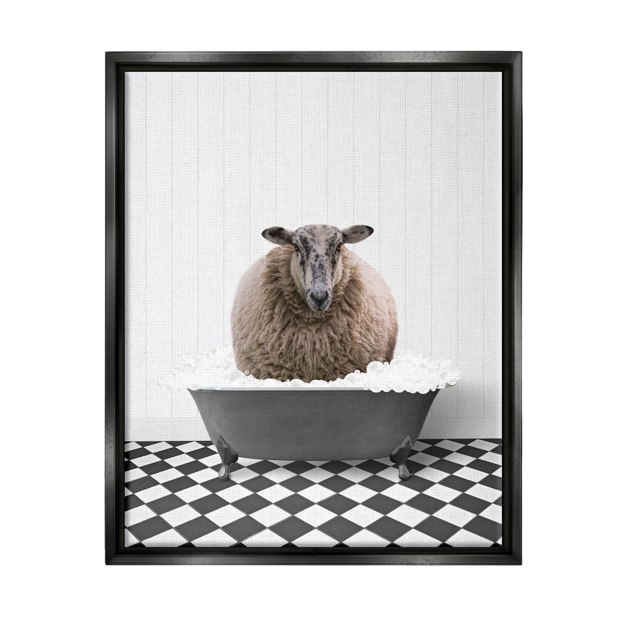 Stupell Industries Ram in Bathroom Tub Animals & Insects Painting Black Floater Framed Art Print Wall Art, 25 x 31