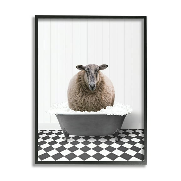 Stupell Industries Ram in Bathroom Tub Animals & Insects Painting Black Framed Art Print Wall Art, 11 x 14