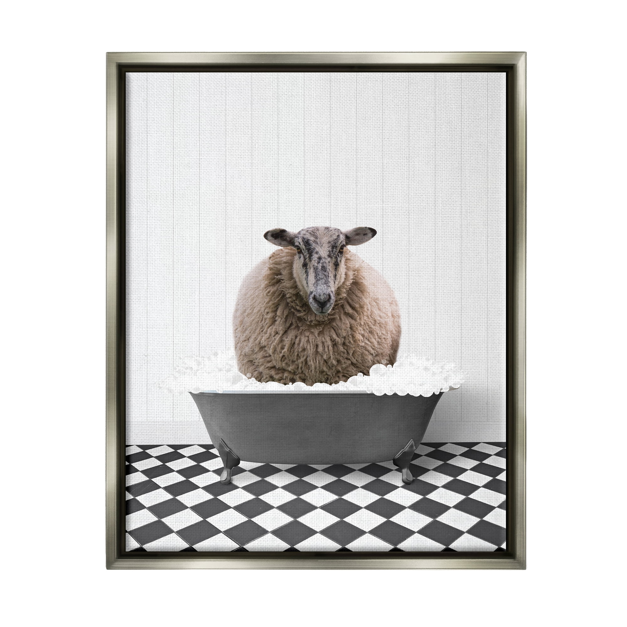 Stupell Industries Ram in Bathroom Tub Animals & Insects Painting Gray Floater Framed Art Print Wall Art, 17 x 21