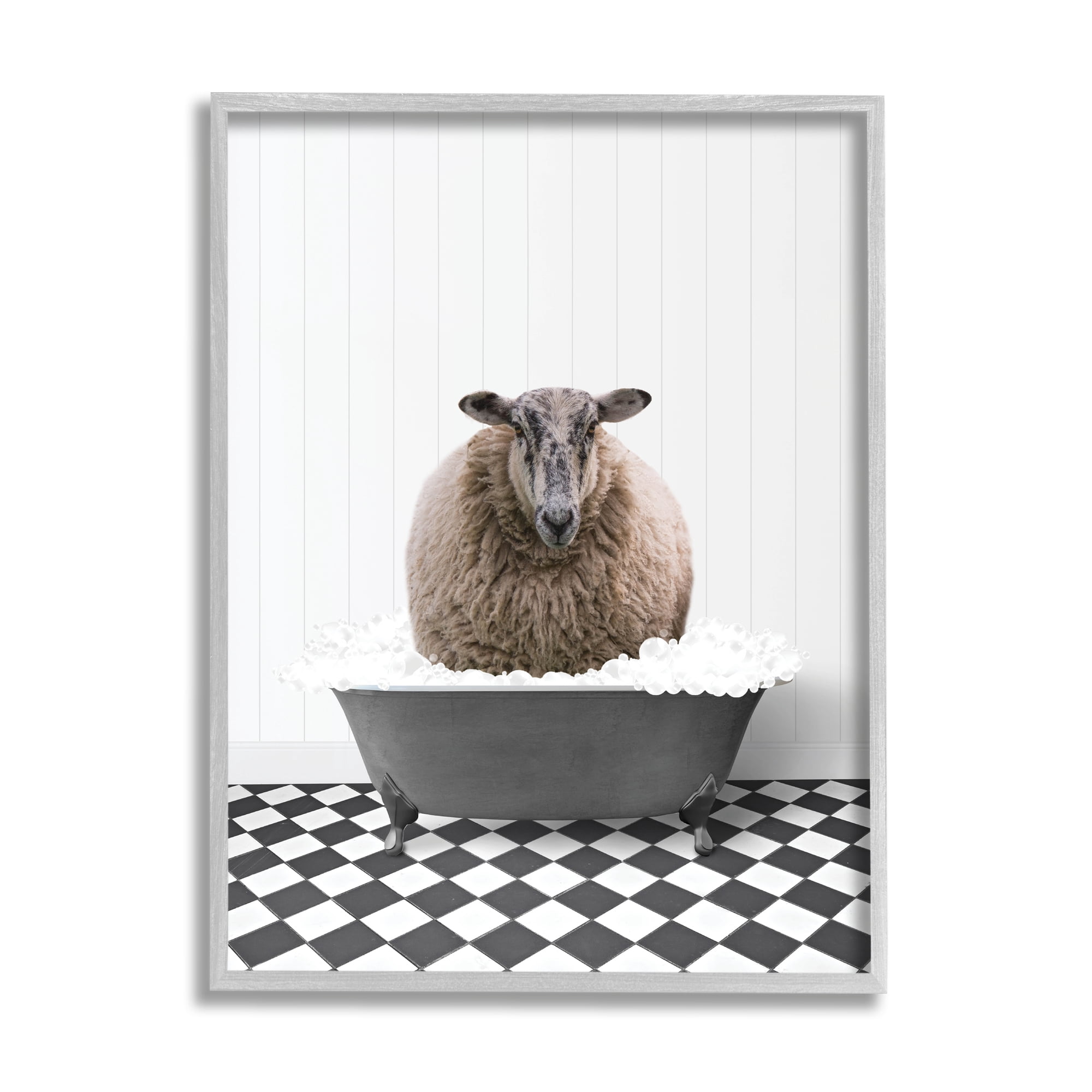 Stupell Industries Ram in Bathroom Tub Animals & Insects Painting Gray Framed Art Print Wall Art, 24 x 30