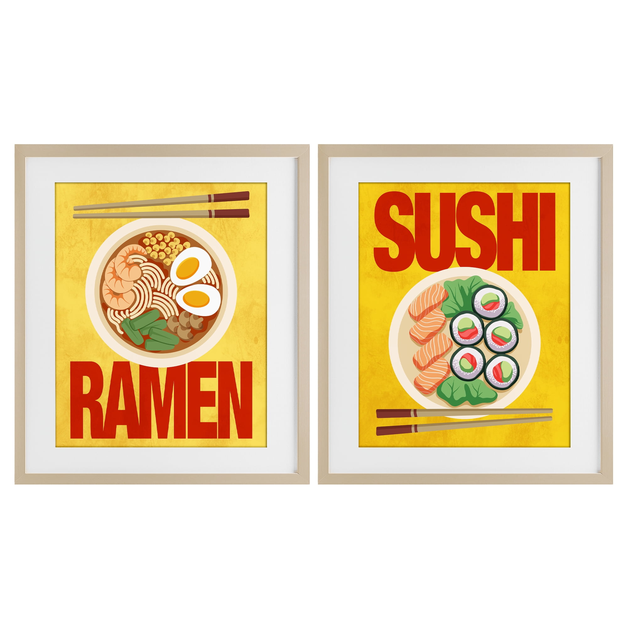 Stupell Industries Ramen & Sushi Japanese Cuisine 2 Piece Birch Framed Print Under Glass Set, design by Marcus Prime