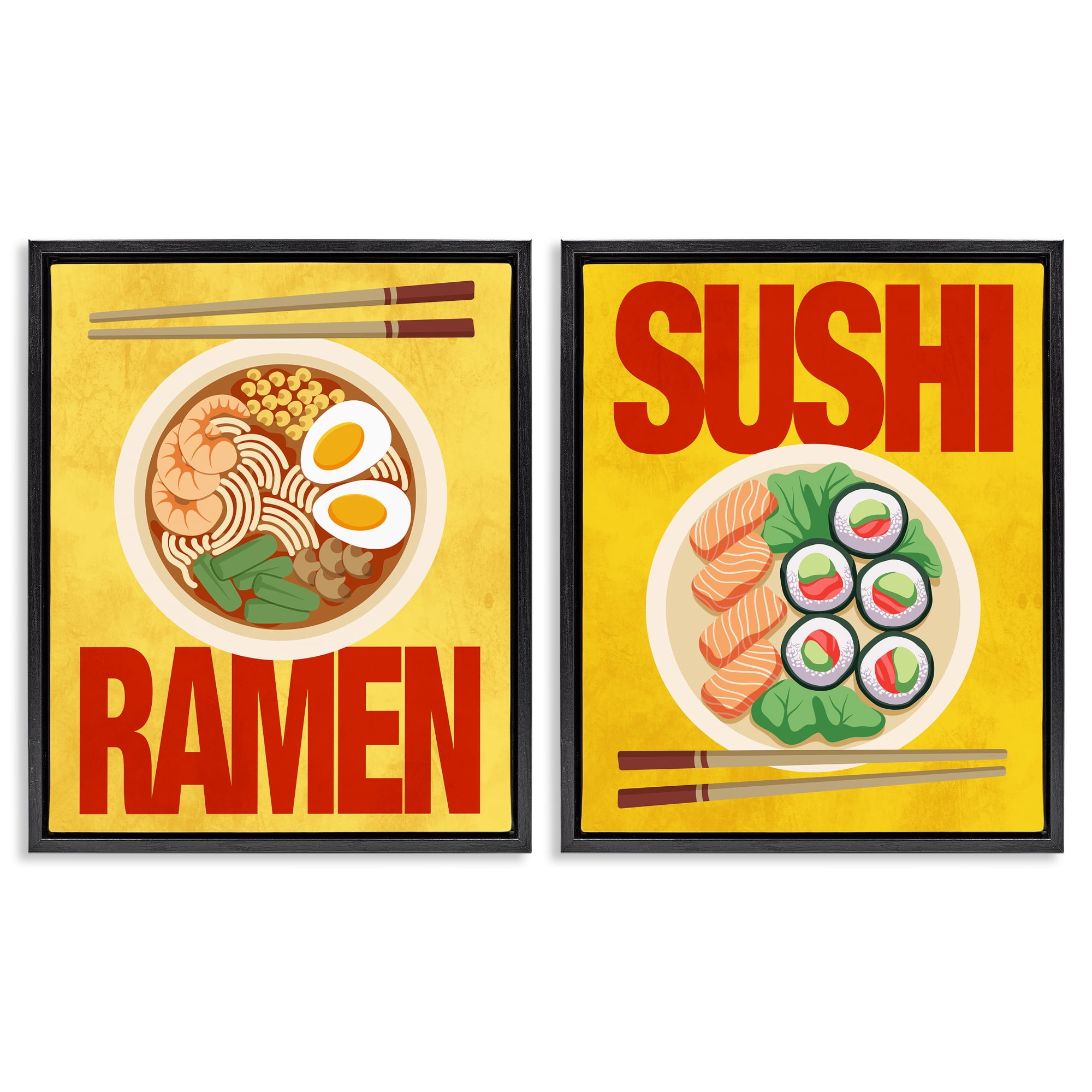 Stupell Industries Ramen & Sushi Japanese Cuisine 2 Piece Black Framed Floater Canvas Set, design by Marcus Prime