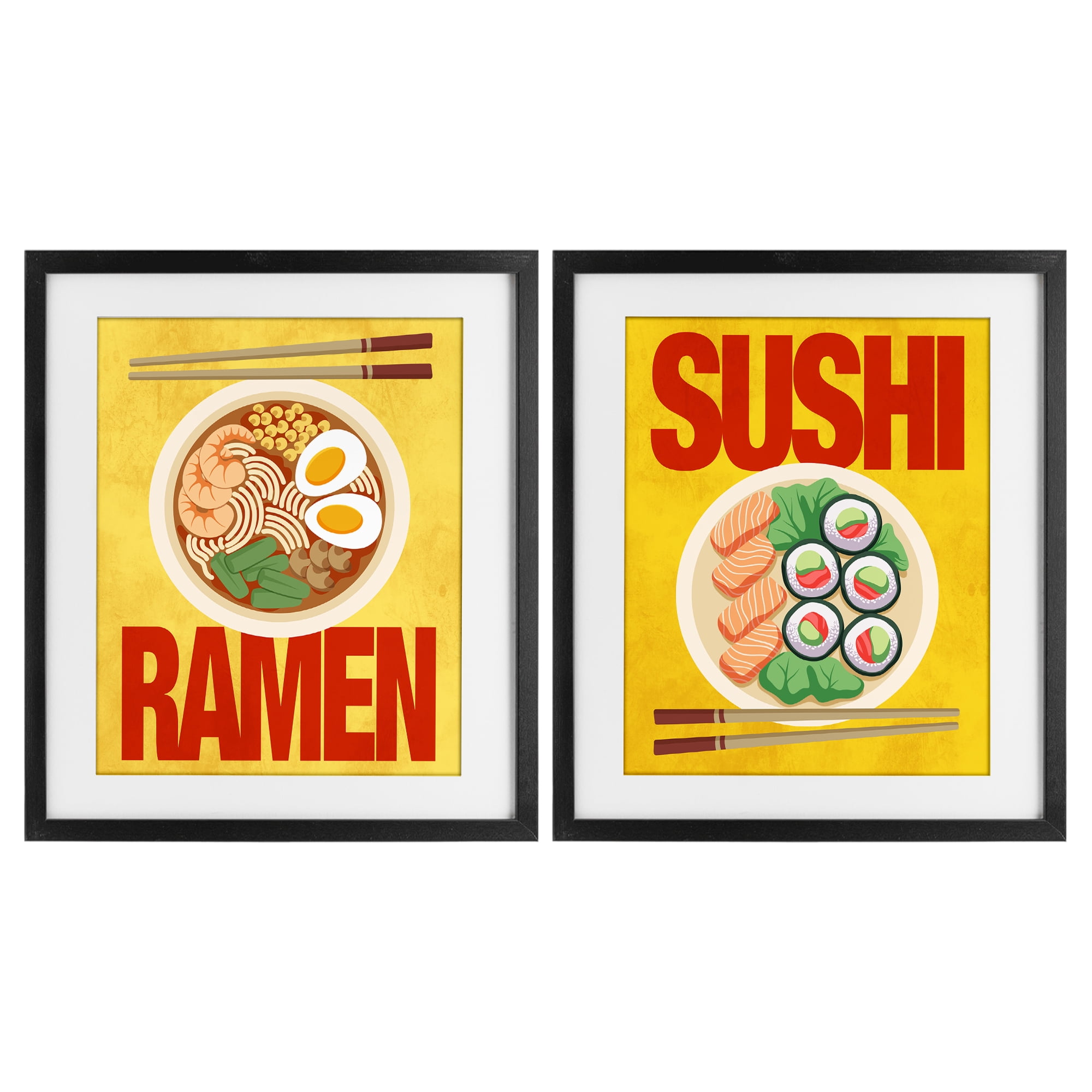 Stupell Industries Ramen & Sushi Japanese Cuisine 2 Piece Black Framed Print Under Glass Set, design by Marcus Prime