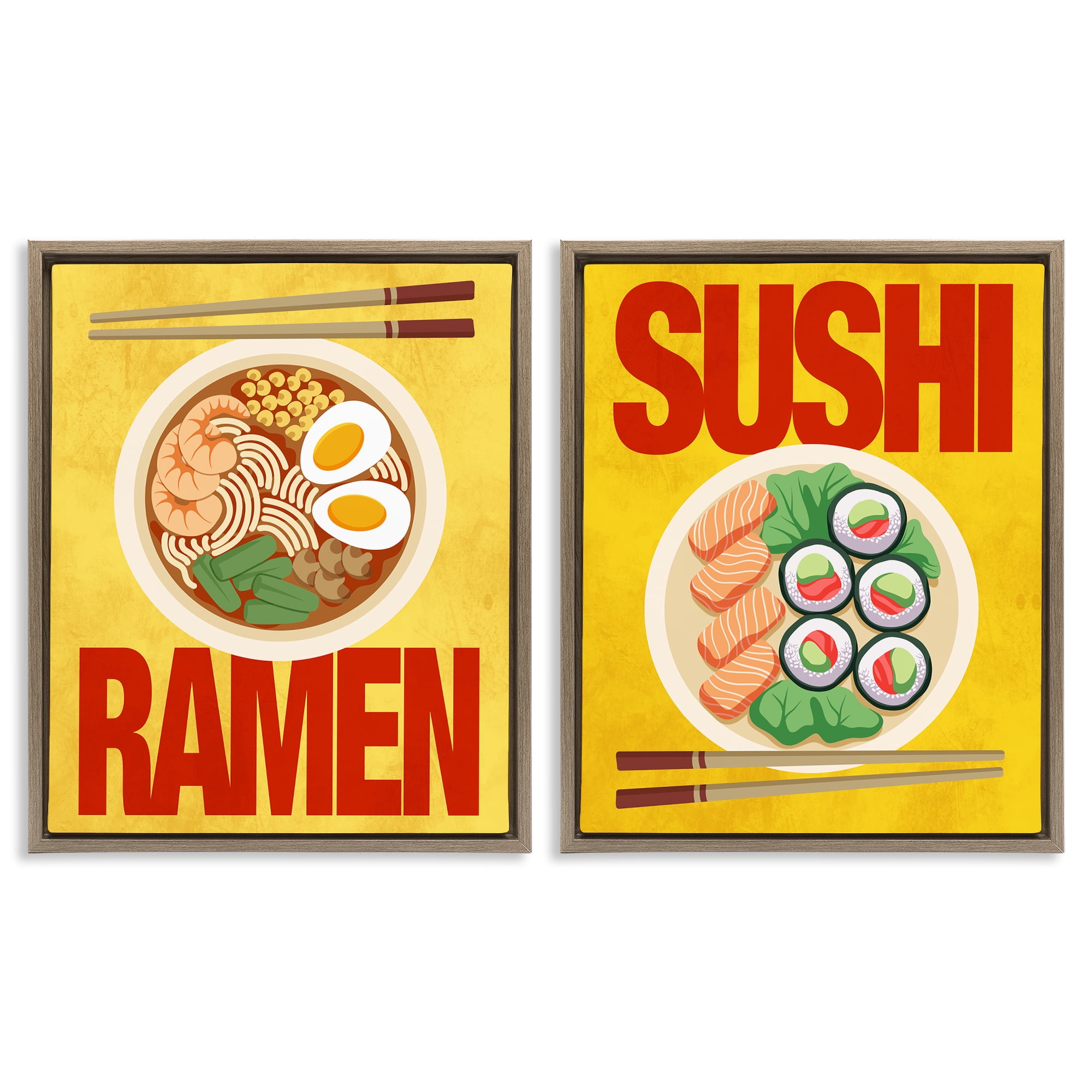 Stupell Industries Ramen & Sushi Japanese Cuisine 2 Piece Brown Framed Floater Canvas Set, design by Marcus Prime