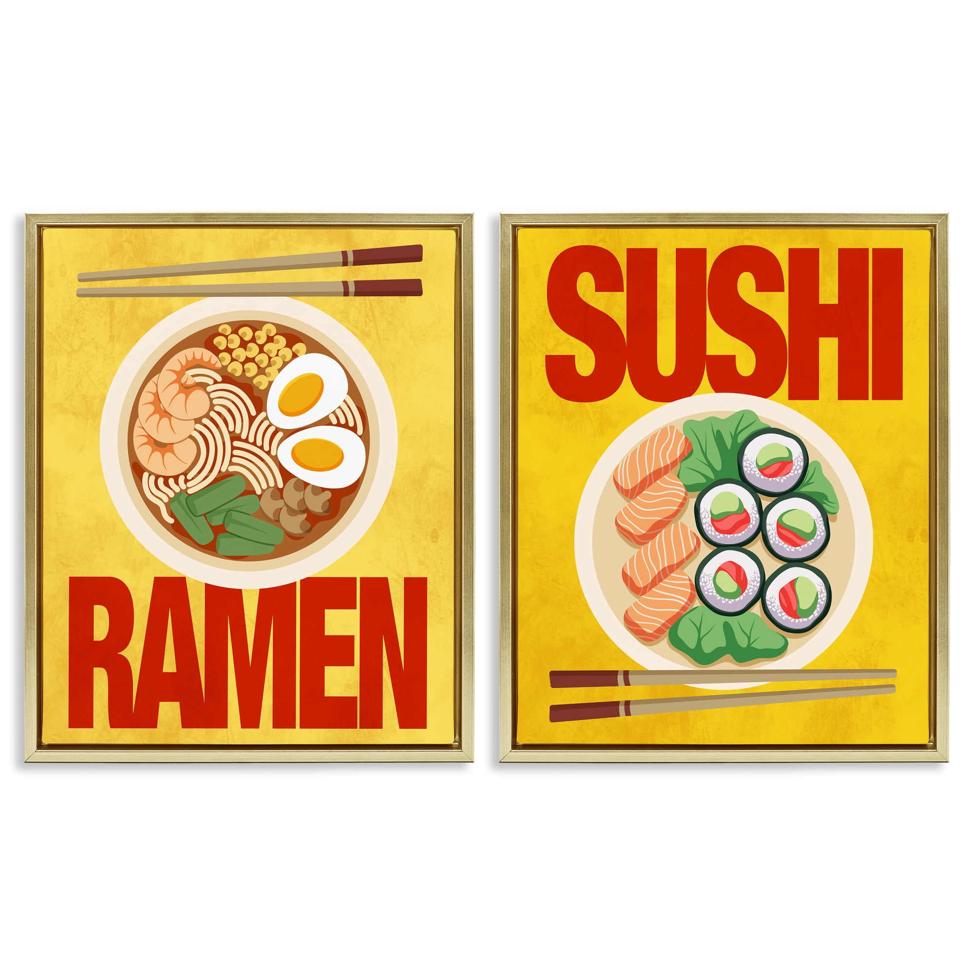 Stupell Industries Ramen & Sushi Japanese Cuisine 2 Piece Gold Framed Floater Canvas Set, design by Marcus Prime