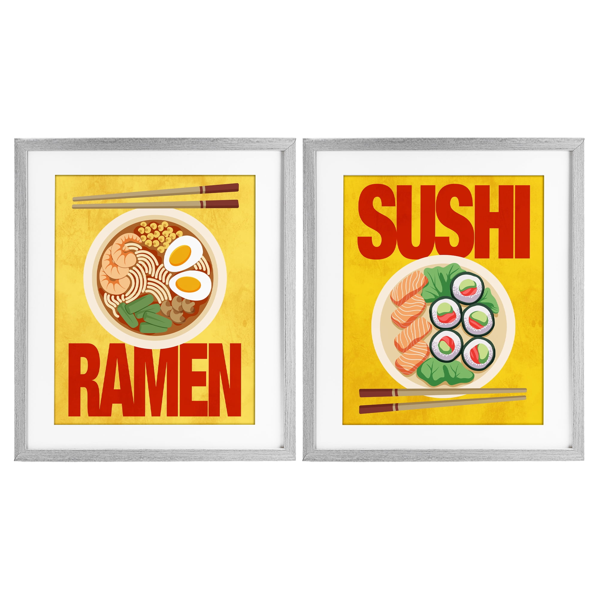 Stupell Industries Ramen & Sushi Japanese Cuisine 2 Piece Gray Framed Print Under Glass Set, design by Marcus Prime