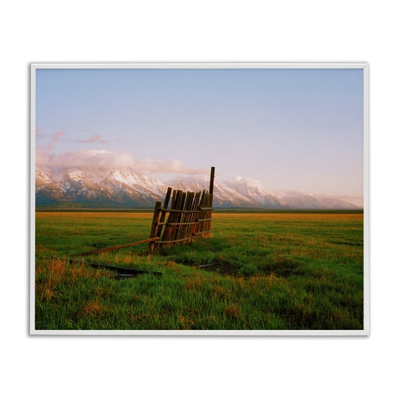 Stupell Industries Farmhouse Ranch Fence Grasslands Mountain Range Clear Sky Sunrise White Framed Giclee Art, 30 x 24, by Sol Rapson