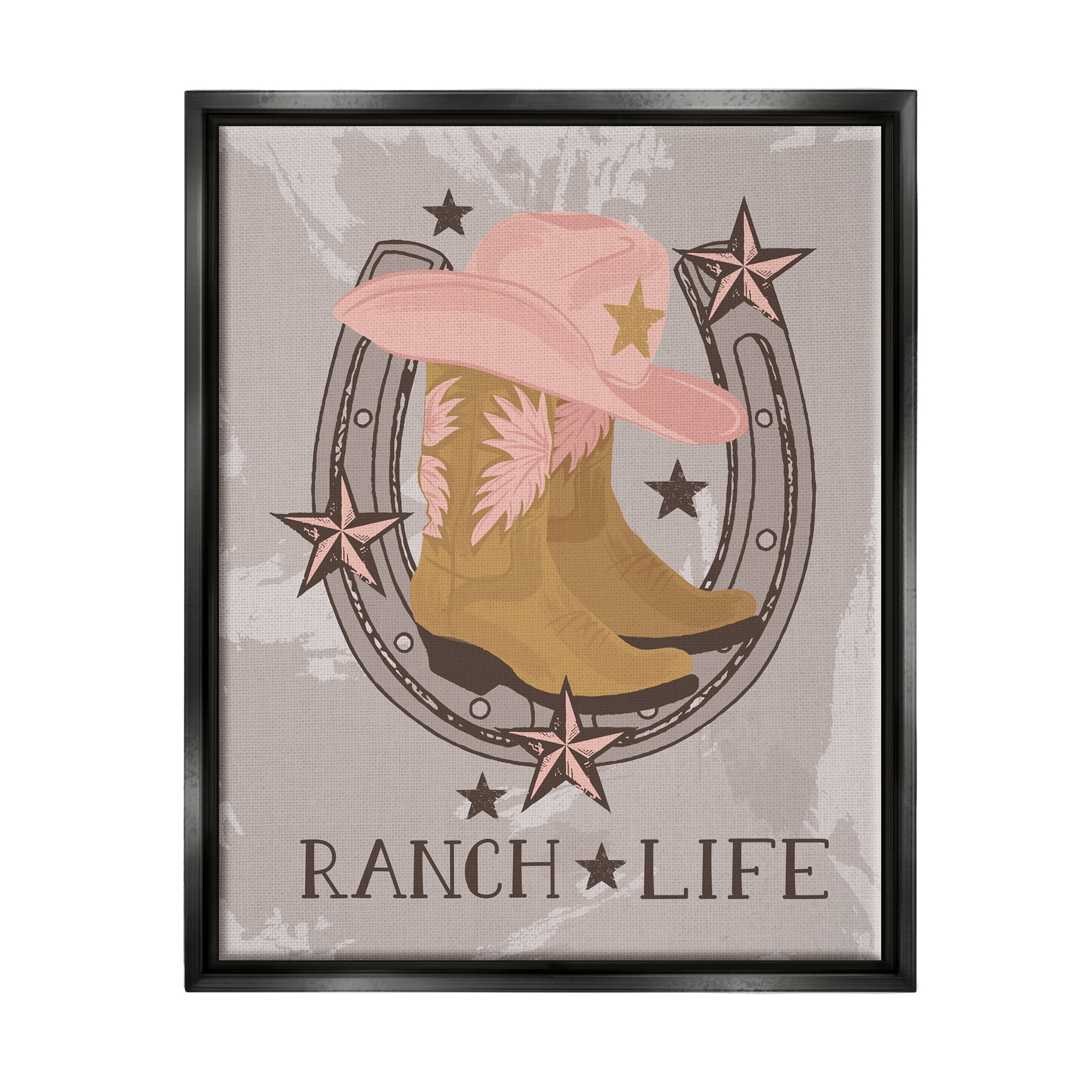 Stupell Industries Ranch Life Cowgirl Horseshoe Nature Painting Black Floater Framed Canvas Art Print Wall Art, 25 x 31