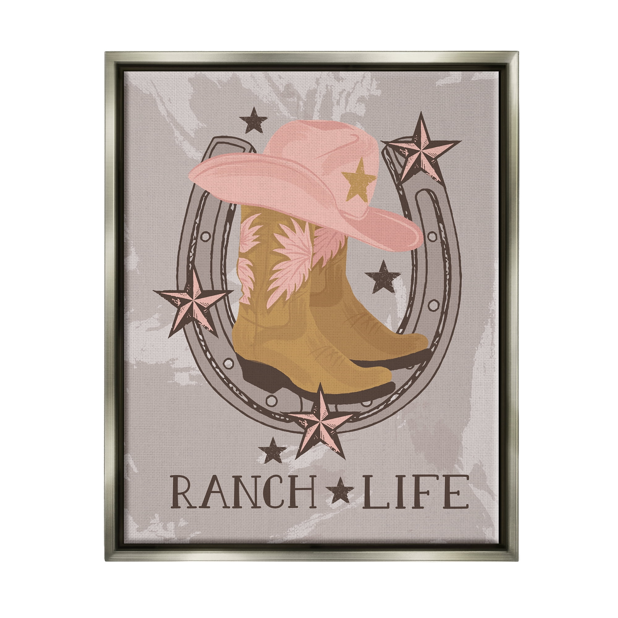 Stupell Industries Ranch Life Cowgirl Horseshoe Nature Painting Gray Floater Framed Canvas Art Print Wall Art, 25 x 31