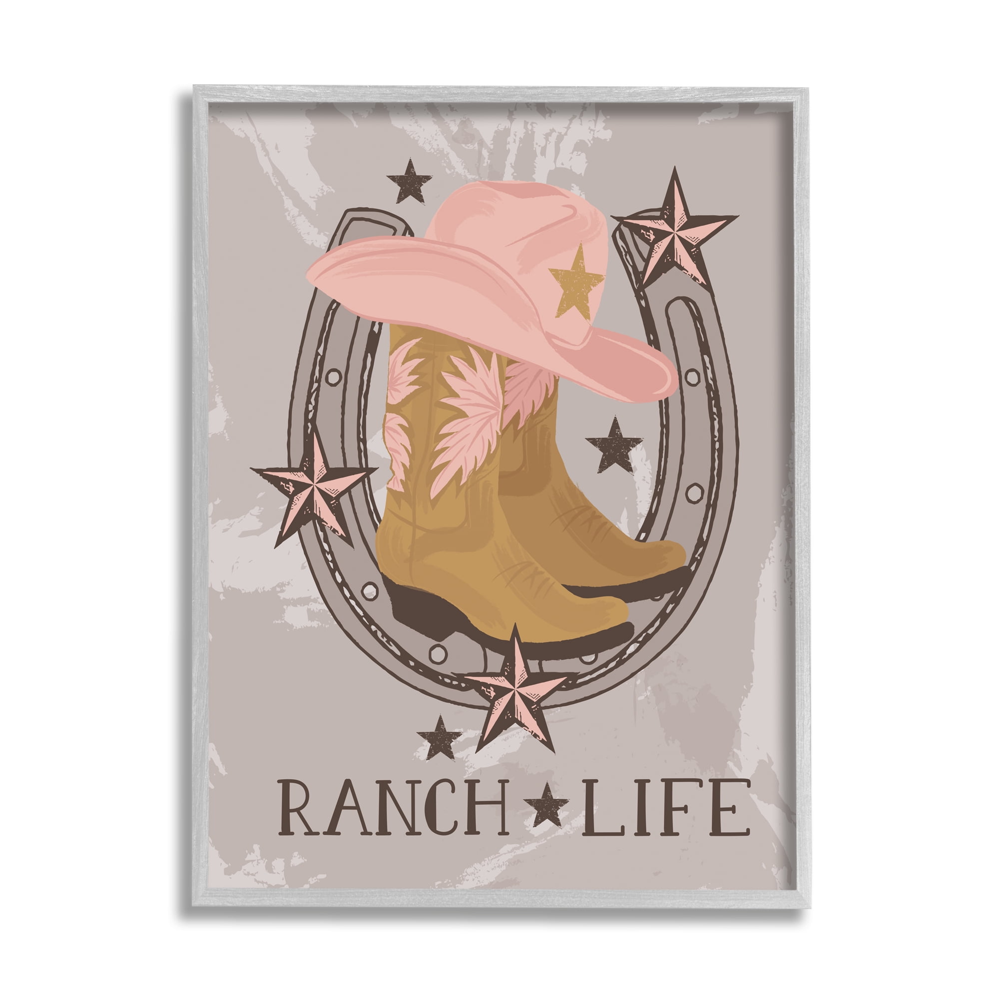 Stupell Industries Ranch Life Cowgirl Horseshoe Nature Painting Gray Framed Art Print Wall Art, 11 x 14