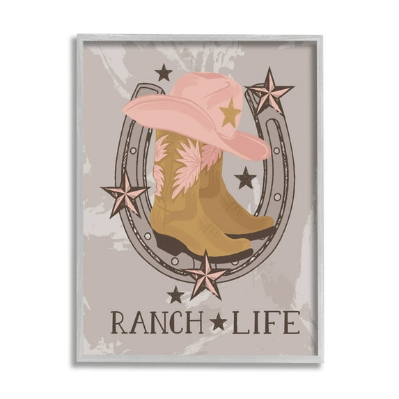 Stupell Industries Ranch Life Cowgirl Horseshoe Nature Painting Gray Framed Art Print Wall Art, 16 x 20