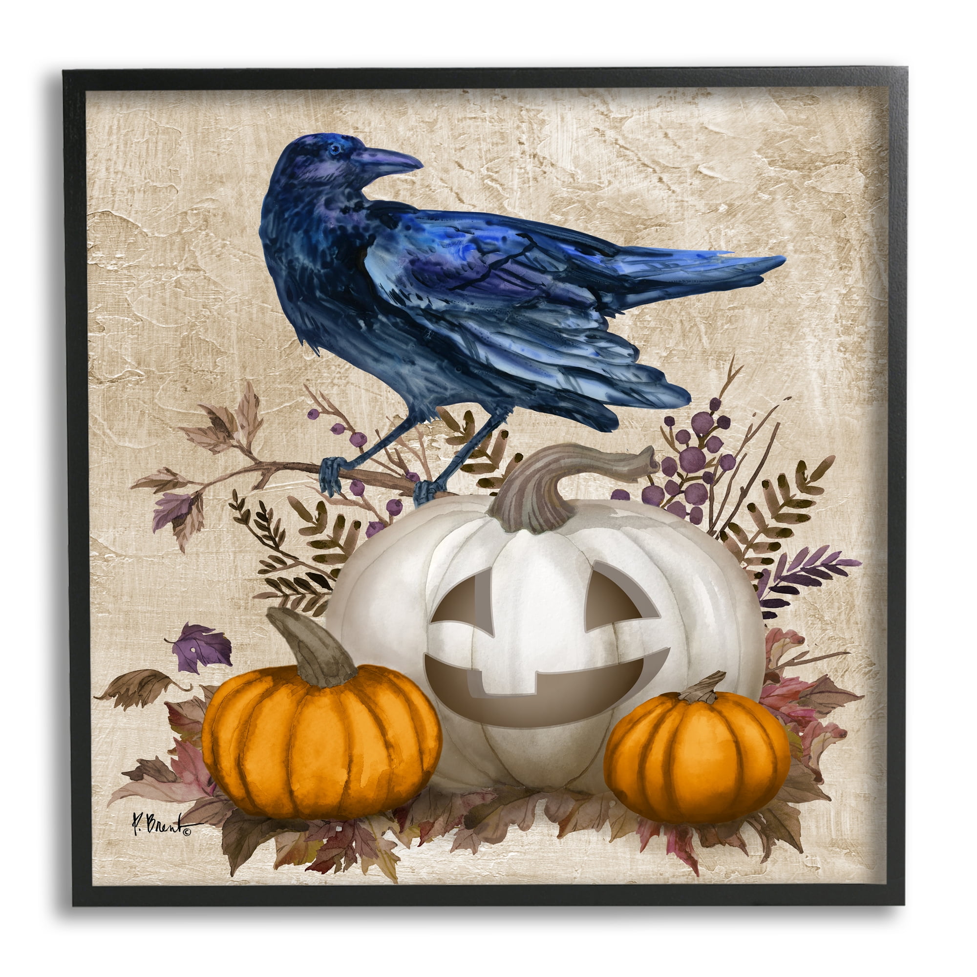 Stupell Industries Raven & Jack-o-Lantern Holiday Painting Black Framed Art Print Wall Art, 24 x 24