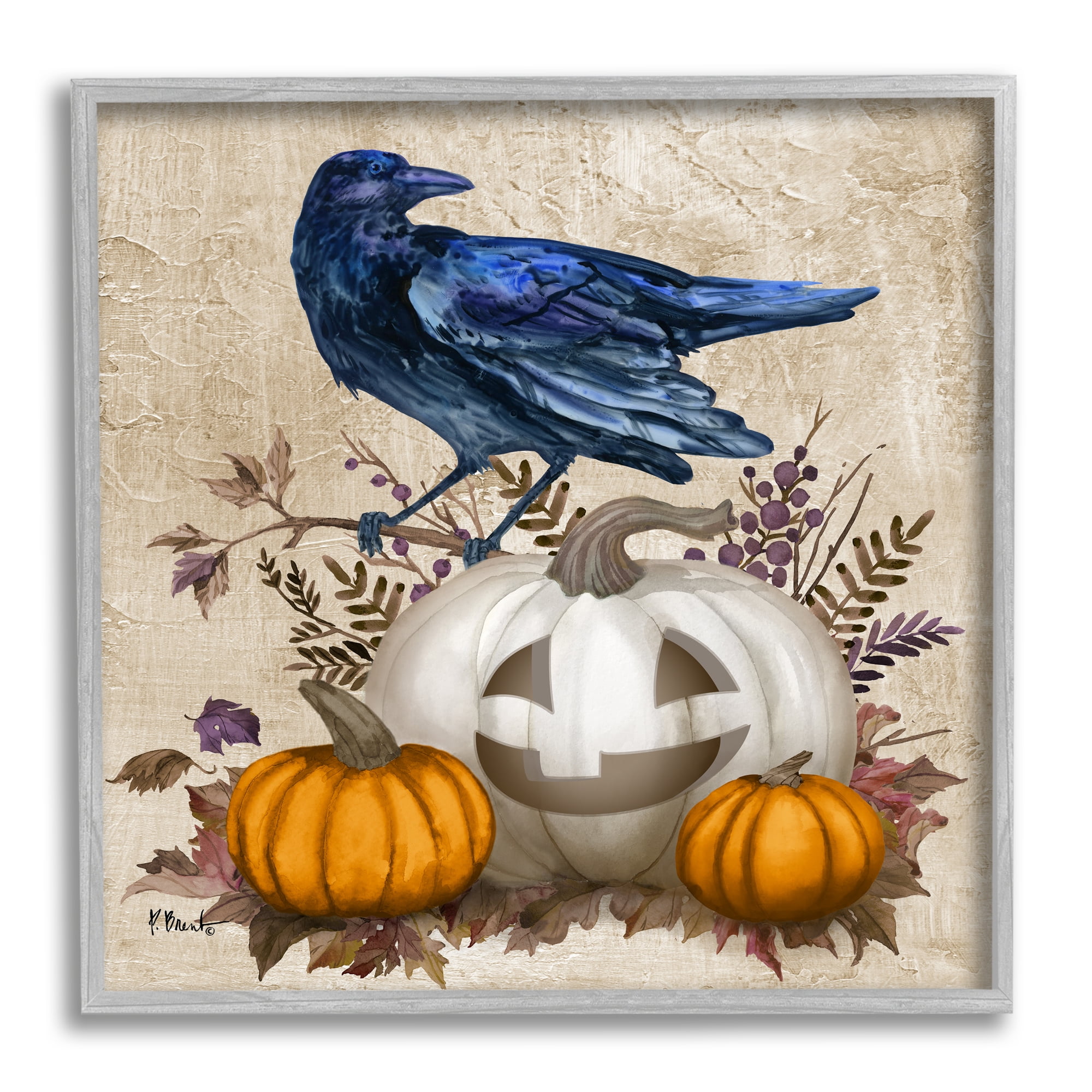 Stupell Industries Raven & Jack-o-Lantern Holiday Painting Gray Framed Art Print Wall Art, 17 x 17