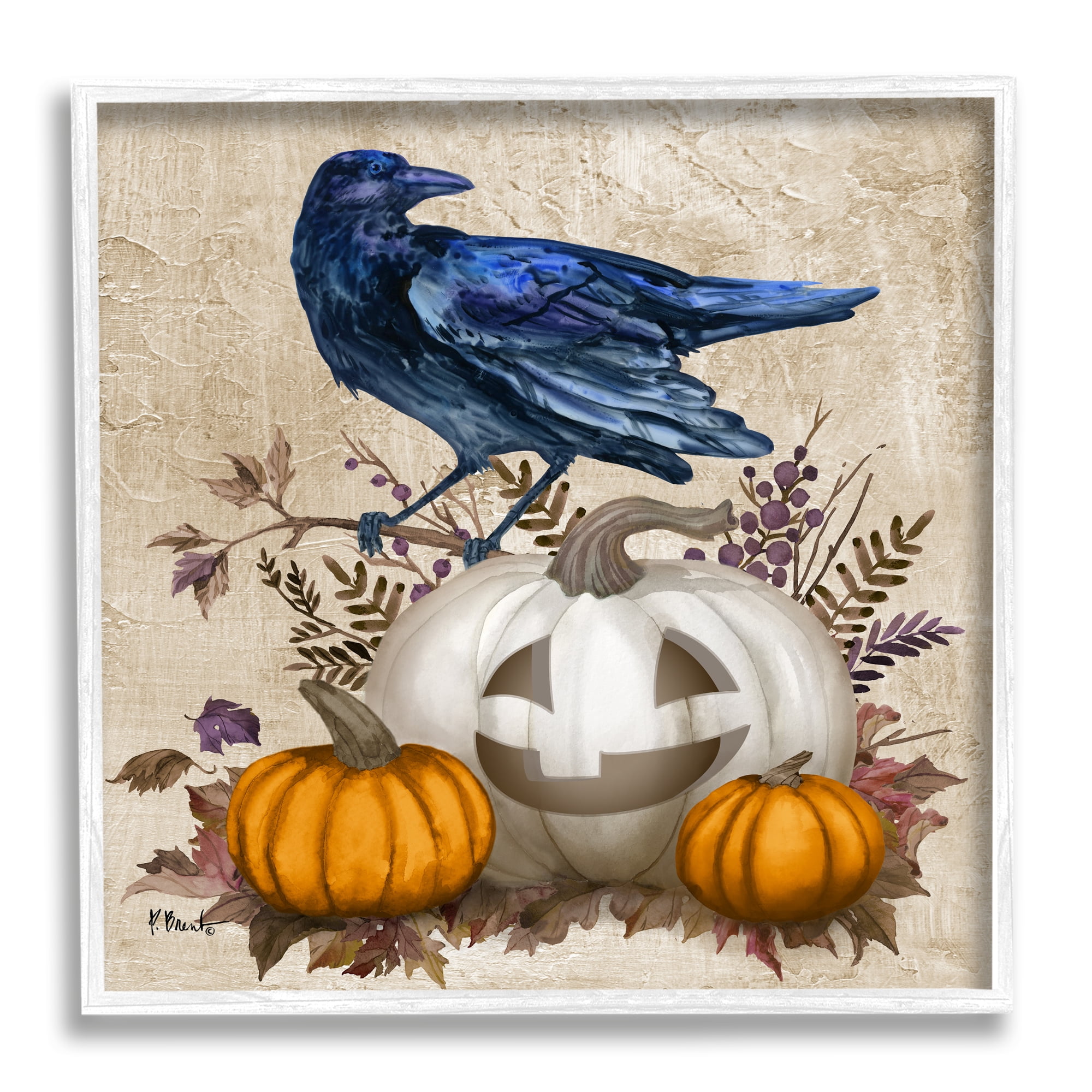 Stupell Industries Raven & Jack-o-Lantern Holiday Painting White Framed Art Print Wall Art, 24 x 24