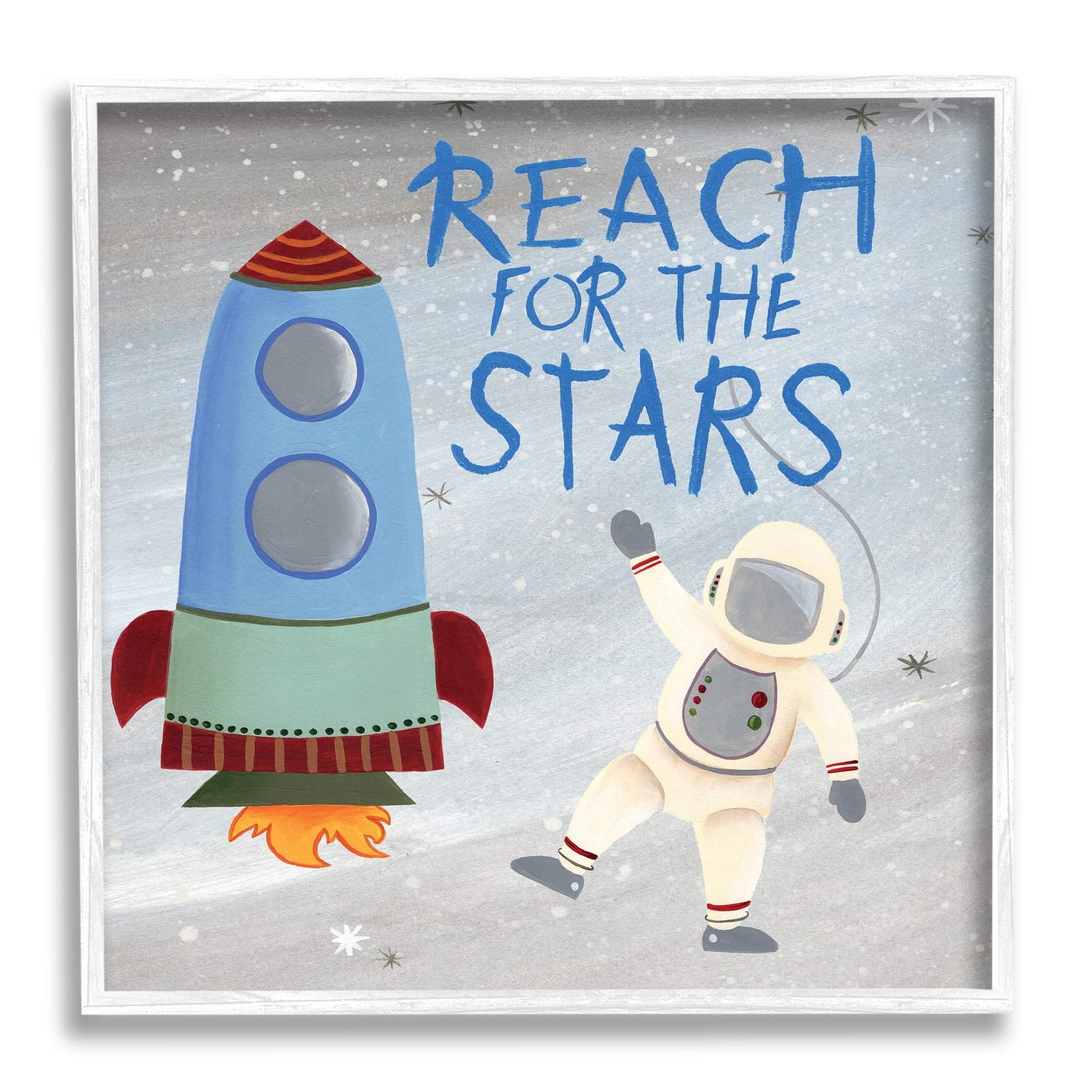 Stupell Industries Reach For The Stars Quote Sci-Fi Space Rocket Astronaut Graphic Art White Framed Art Print Wall Art, 24x24, by Regina Moore