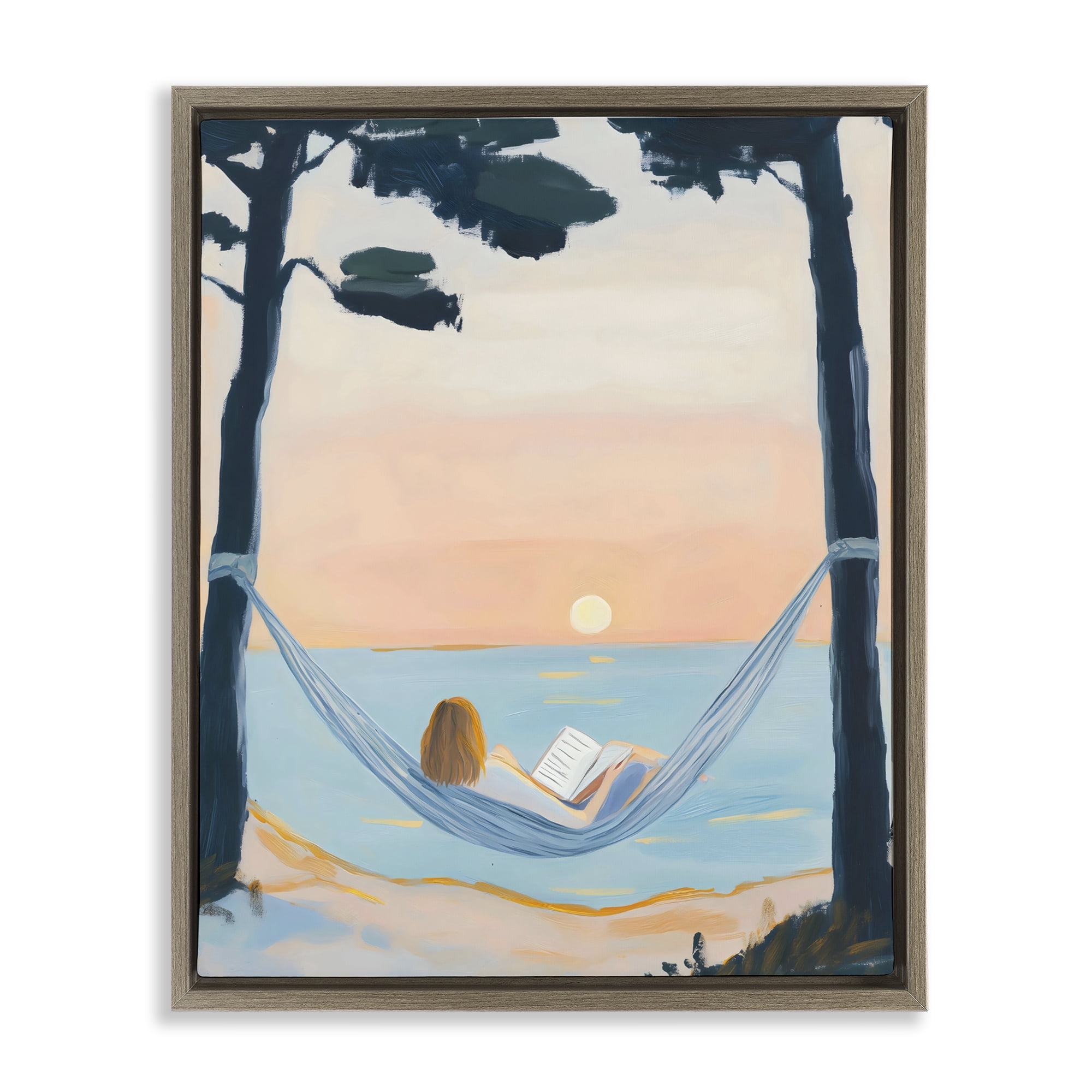 Stupell Industries Reading At Sunset in Hammock Brown Framed Floater Canvas Wall Art, design by The Prints Vibe