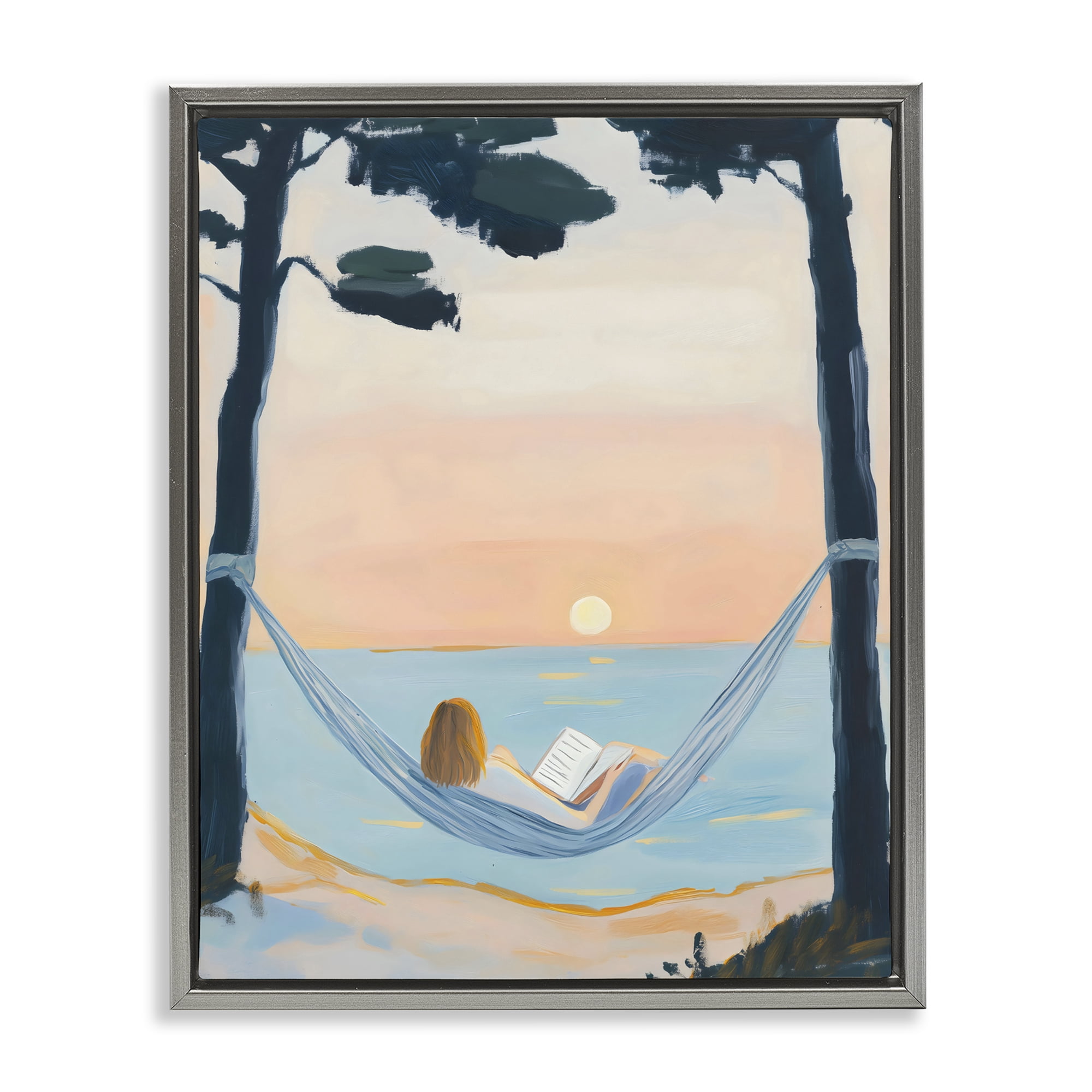 Stupell Industries Reading At Sunset in Hammock Gray Framed Floater Canvas Wall Art, design by The Prints Vibe