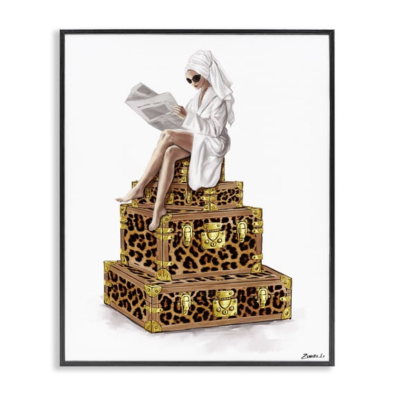 Stupell Industries Art Deco Reading Atop Suitcases Black Framed Giclee Art, 11 x 14, by Ziwei Li