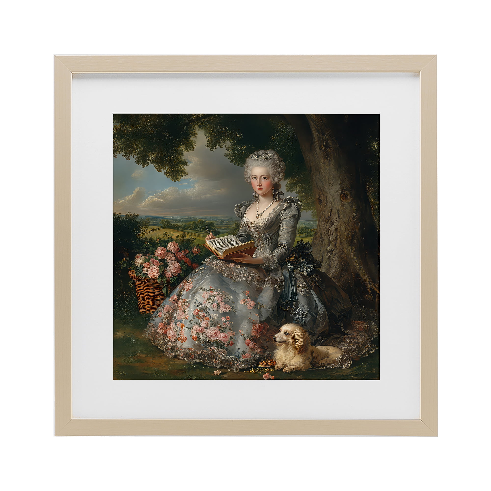 Stupell Industries Reading Rococo Lady with Dog Birch Framed Print Under Glass, design by The Wands Want