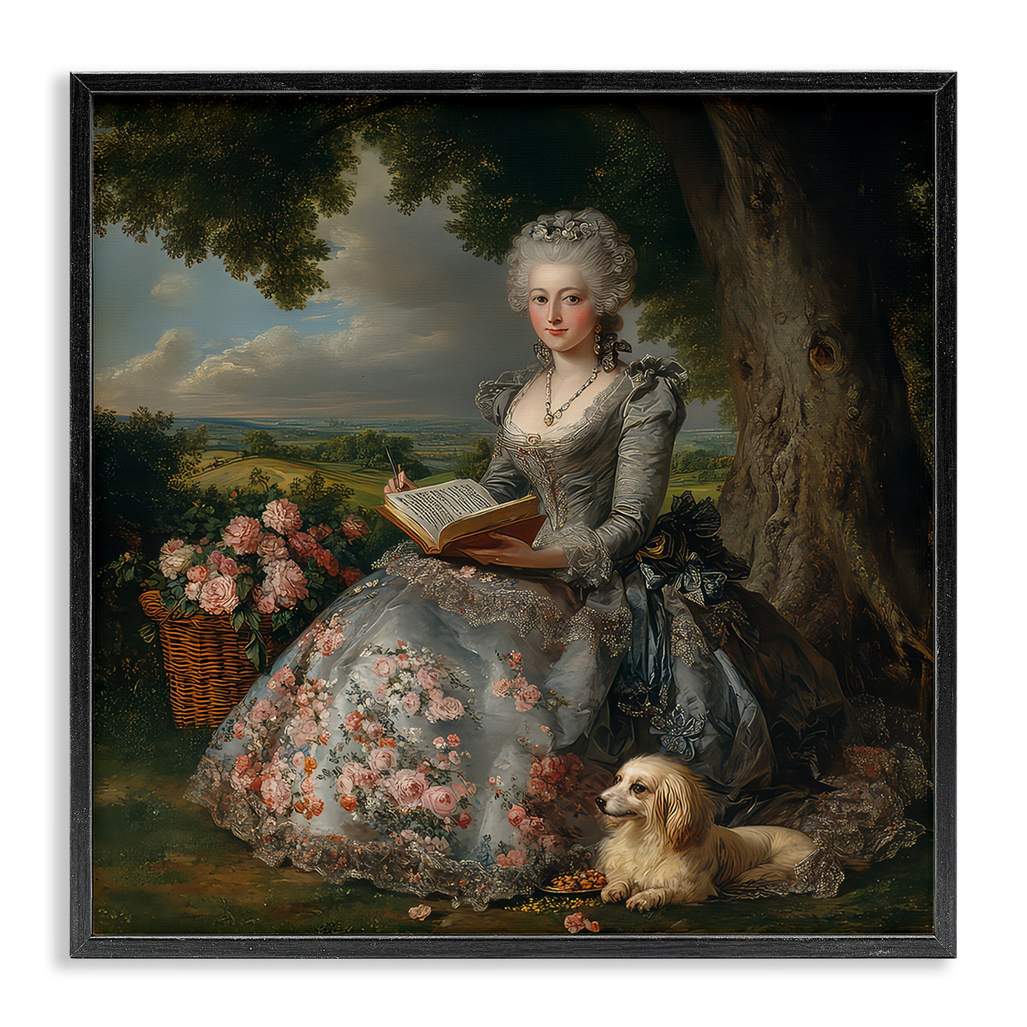Stupell Industries Reading Rococo Lady with Dog Black Framed Giclee Art, design by The Wands Want