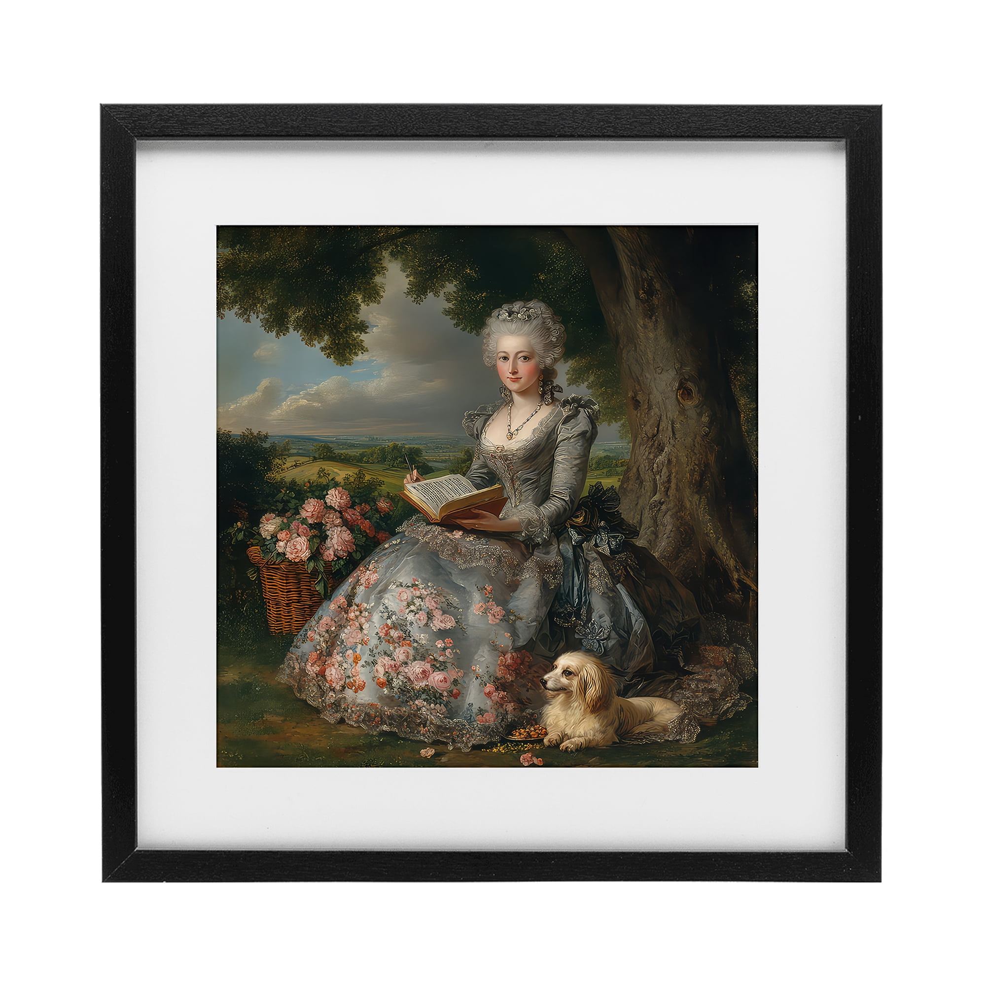 Stupell Industries Reading Rococo Lady with Dog Black Framed Print Under Glass, design by The Wands Want