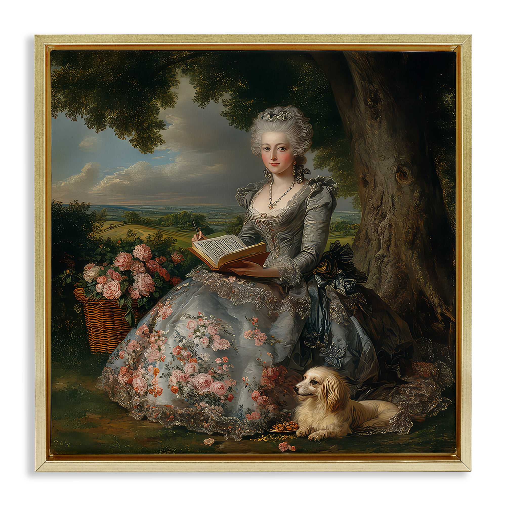 Stupell Industries Reading Rococo Lady with Dog Gold Framed Floater Canvas Wall Art, design by The Wands Want
