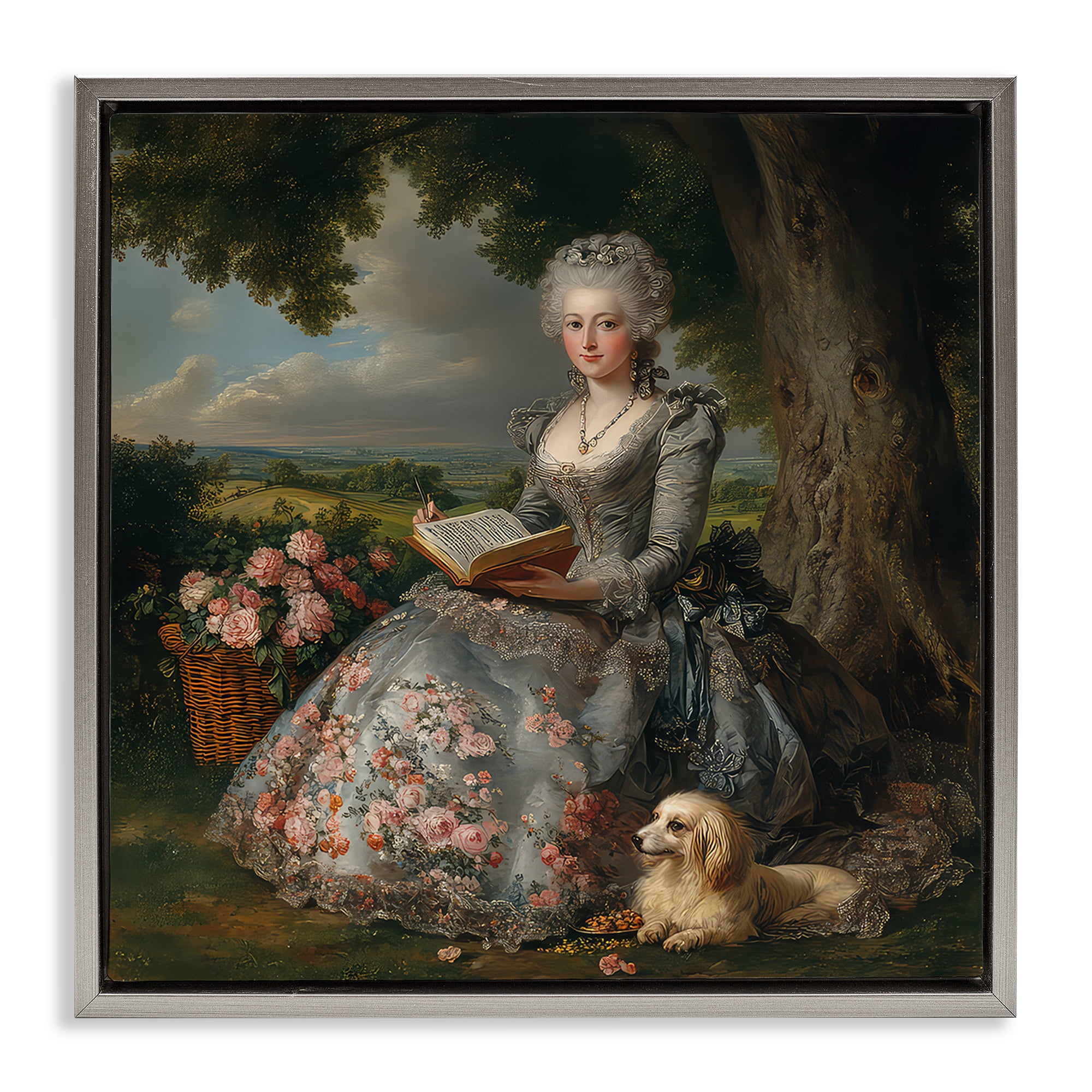 Stupell Industries Reading Rococo Lady with Dog Gray Framed Floater Canvas Wall Art, design by The Wands Want