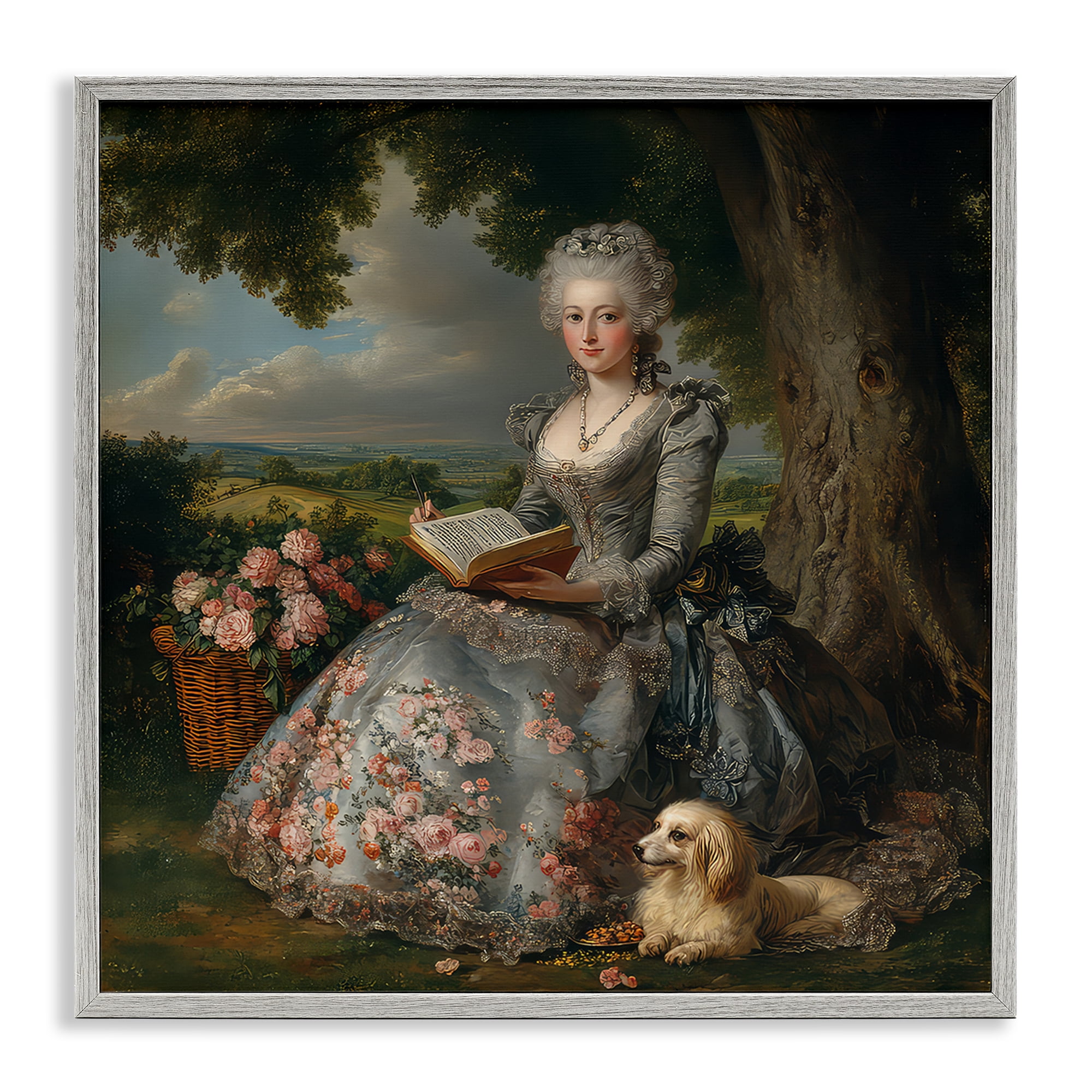 Stupell Industries Reading Rococo Lady with Dog Gray Framed Giclee Art, design by The Wands Want