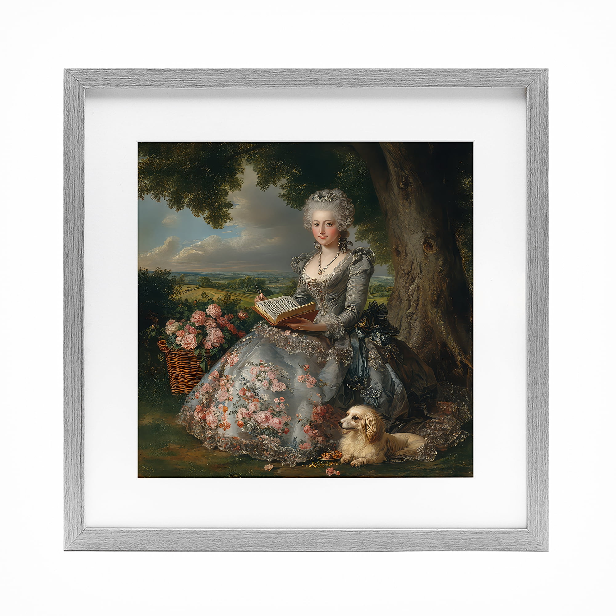 Stupell Industries Reading Rococo Lady with Dog Gray Framed Print Under Glass, design by The Wands Want