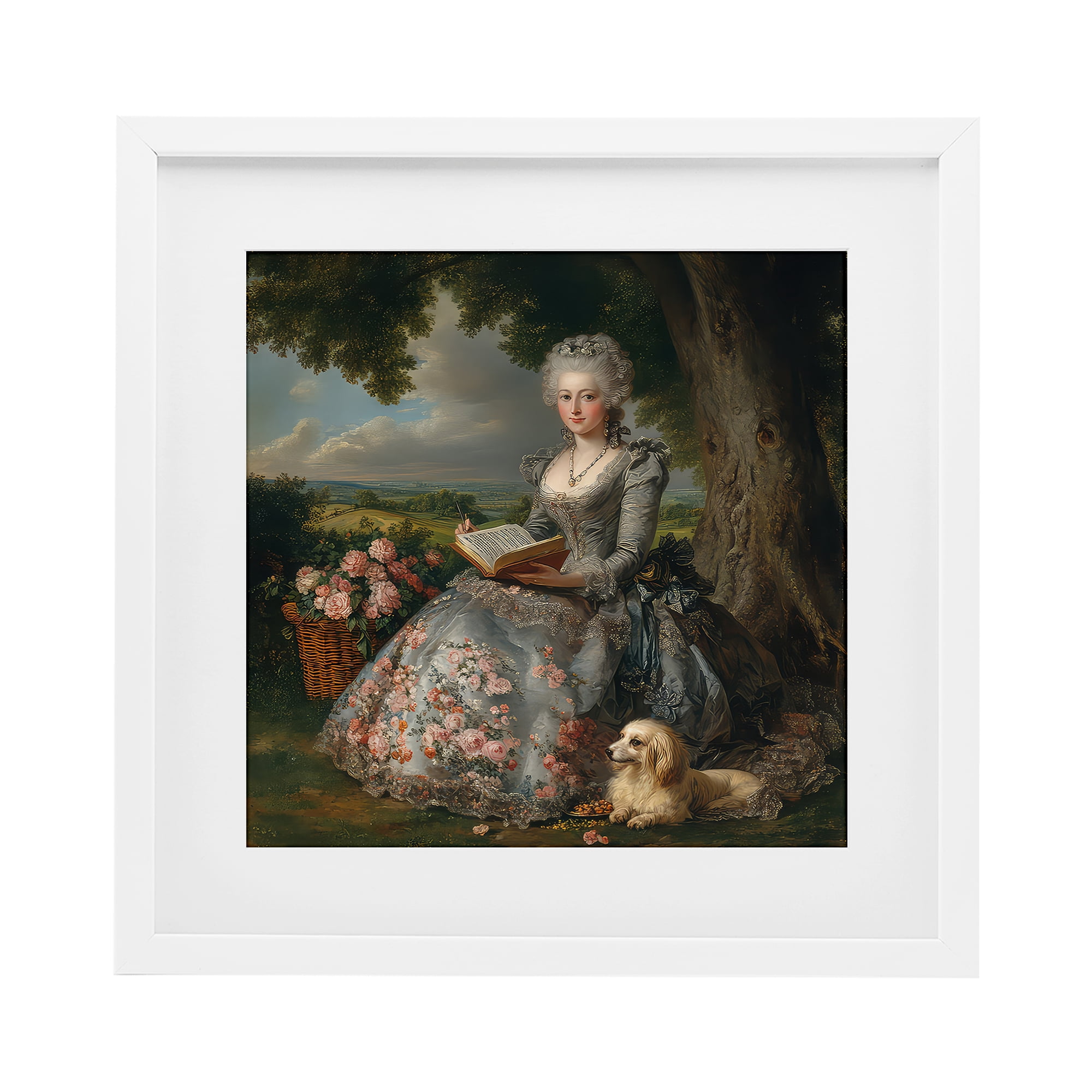 Stupell Industries Reading Rococo Lady with Dog White Framed Print Under Glass, design by The Wands Want
