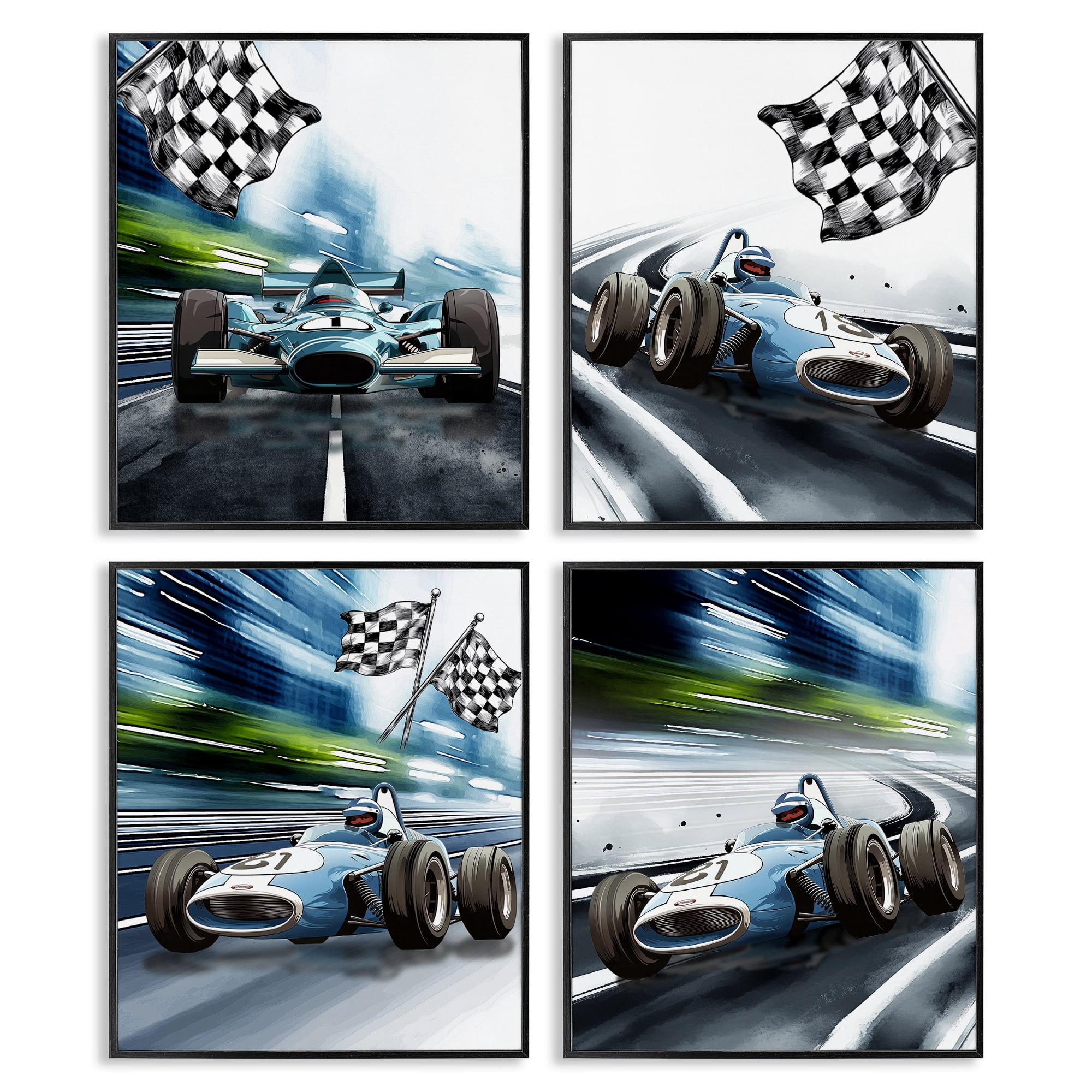Stupell Industries Ready Set Racecars 4 Piece Black Framed Giclee Art Set, design by Christine Simpson Art