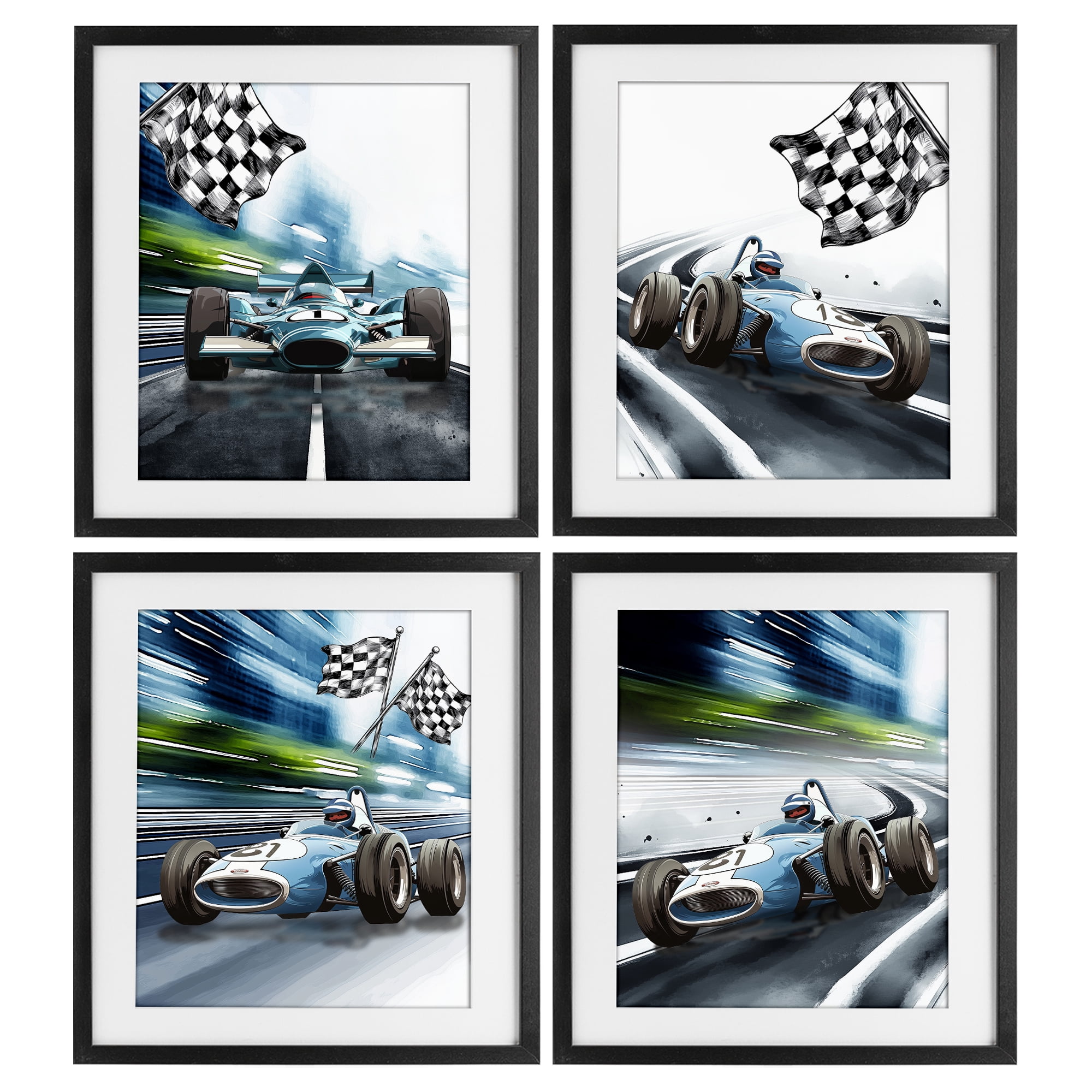 Stupell Industries Ready Set Racecars 4 Piece Black Framed Print Under Glass Set, design by Christine Simpson Art