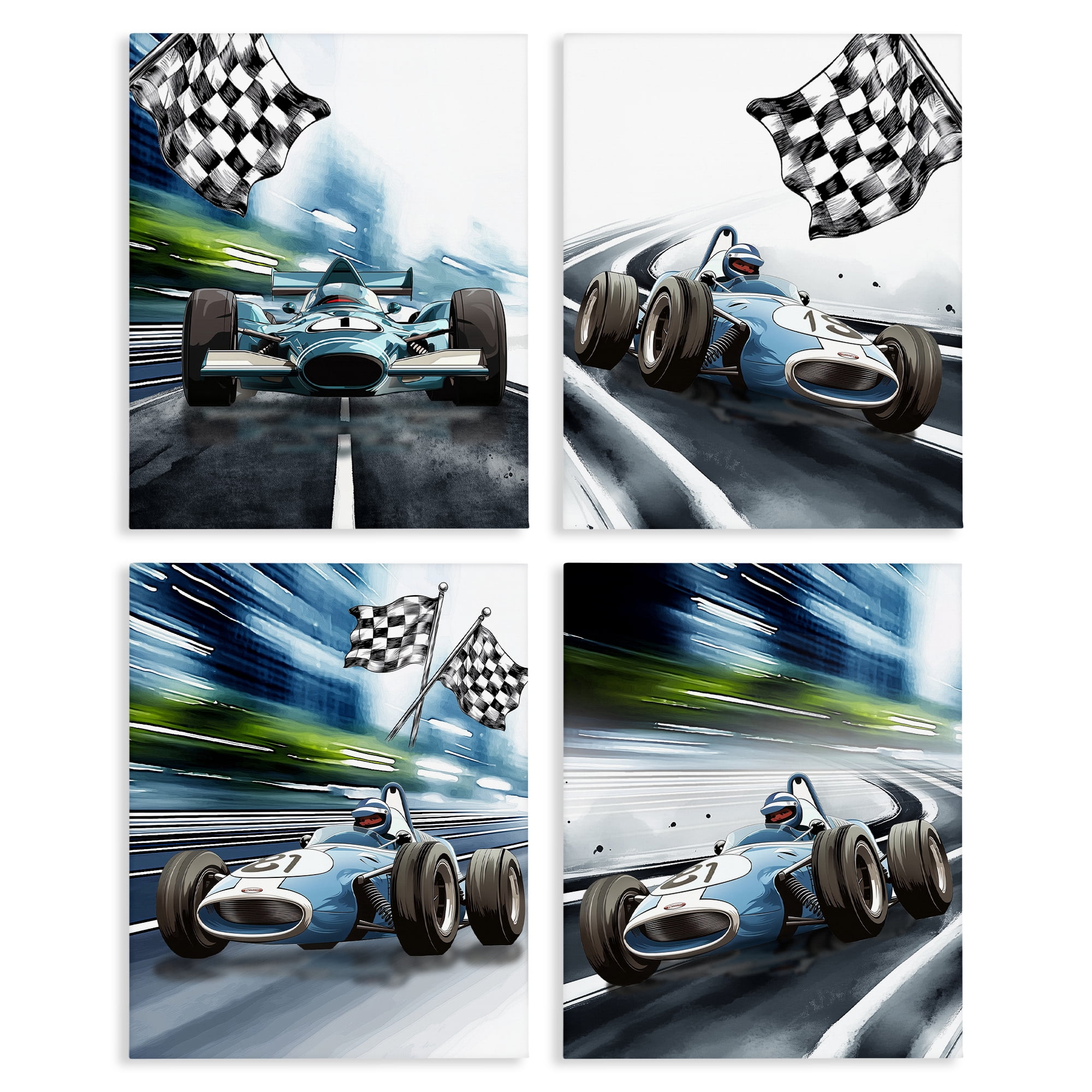 Stupell Industries Ready Set Racecars 4 Piece Canvas Wall Art Set, design by Christine Simpson Art