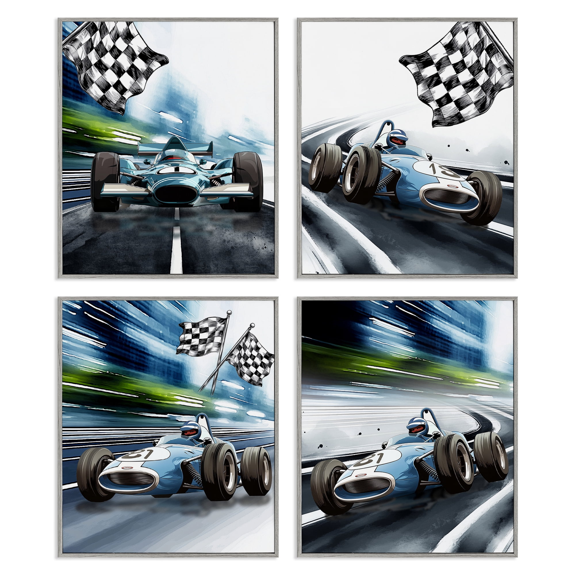 Stupell Industries Ready Set Racecars 4 Piece Gray Framed Giclee Art Set, design by Christine Simpson Art