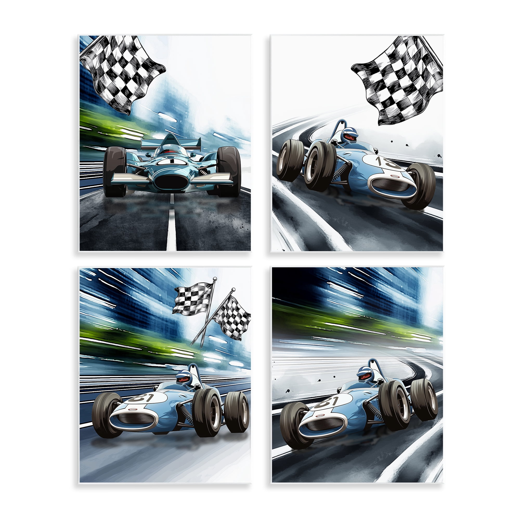 Stupell Industries Ready Set Racecars 4 Piece Wall Plaque Art Set, design by Christine Simpson Art