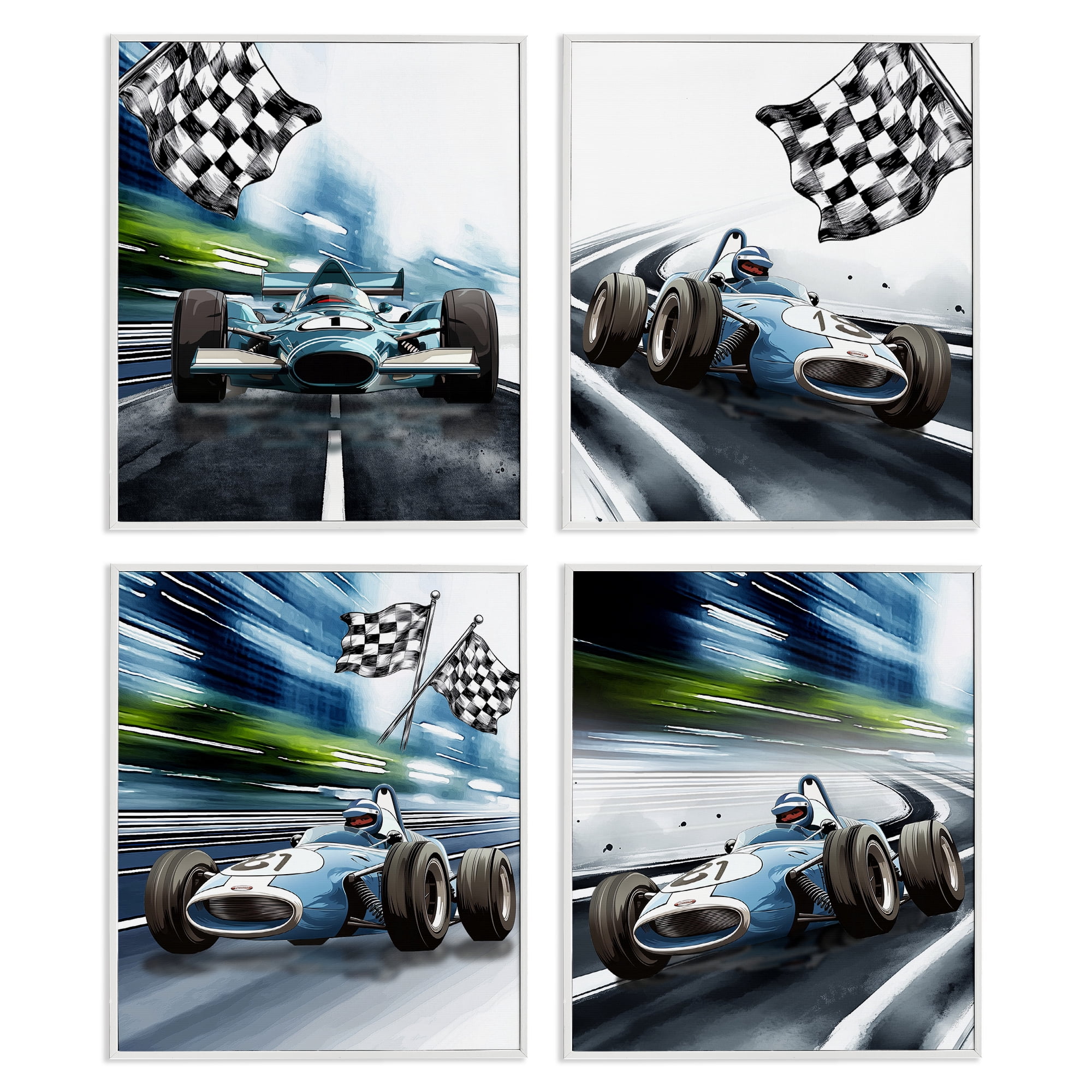 Stupell Industries Ready Set Racecars 4 Piece White Framed Giclee Art Set, design by Christine Simpson Art
