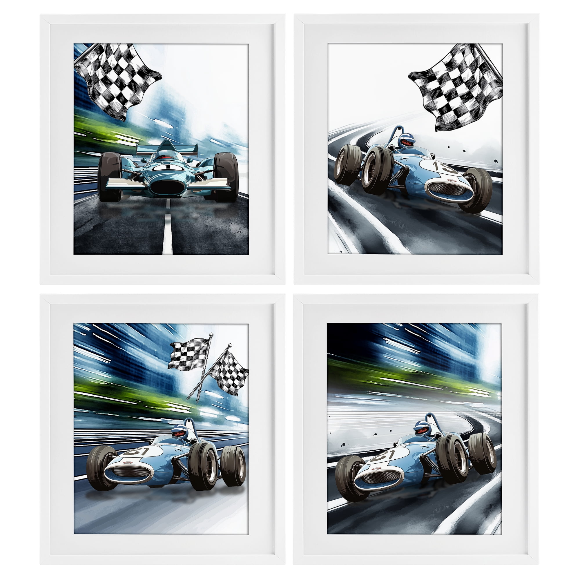 Stupell Industries Ready Set Racecars 4 Piece White Framed Print Under Glass Set, design by Christine Simpson Art
