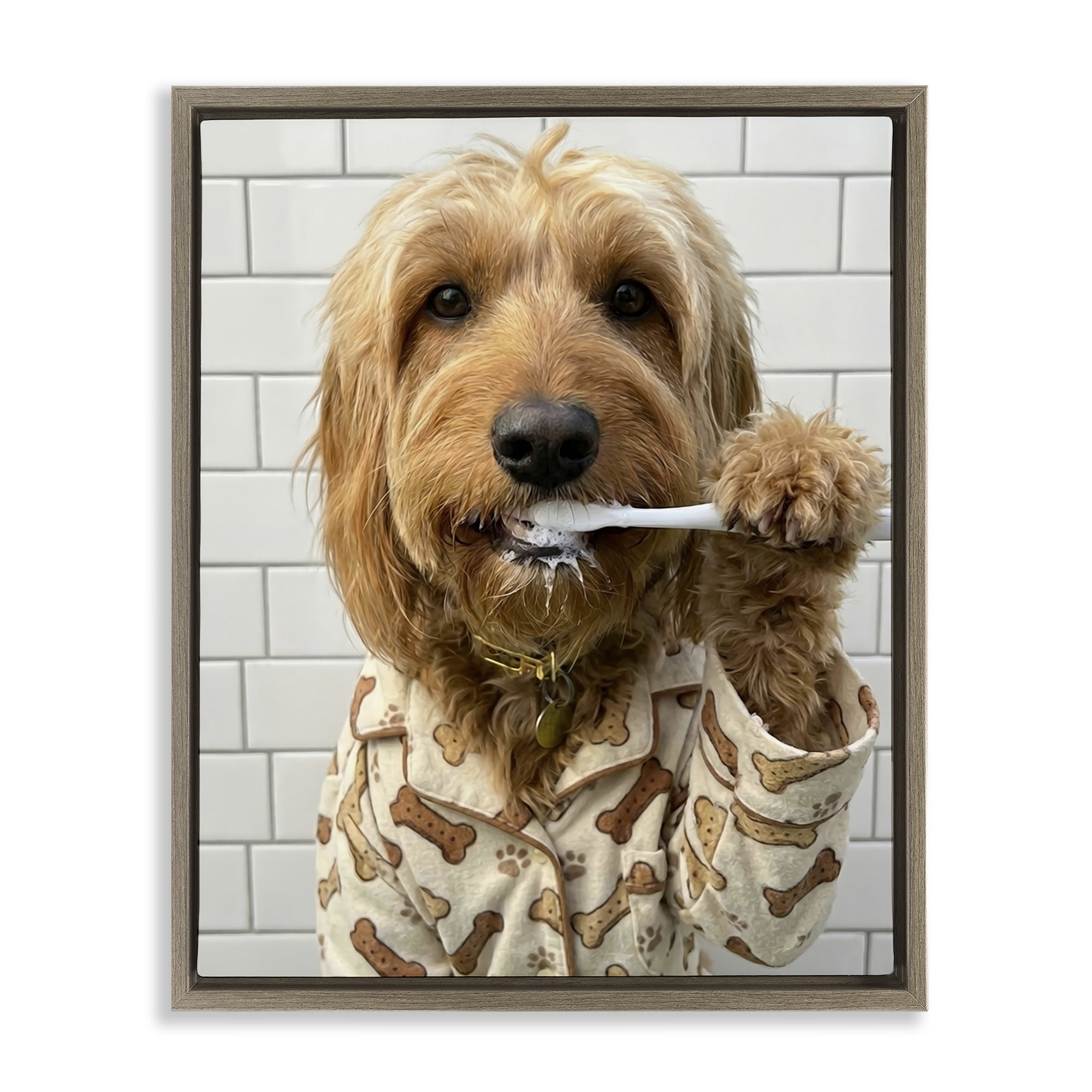 Stupell Industries Realistic Dog Brushing Teeth Brown Framed Floater Canvas Wall Art, design by Abigail Walker
