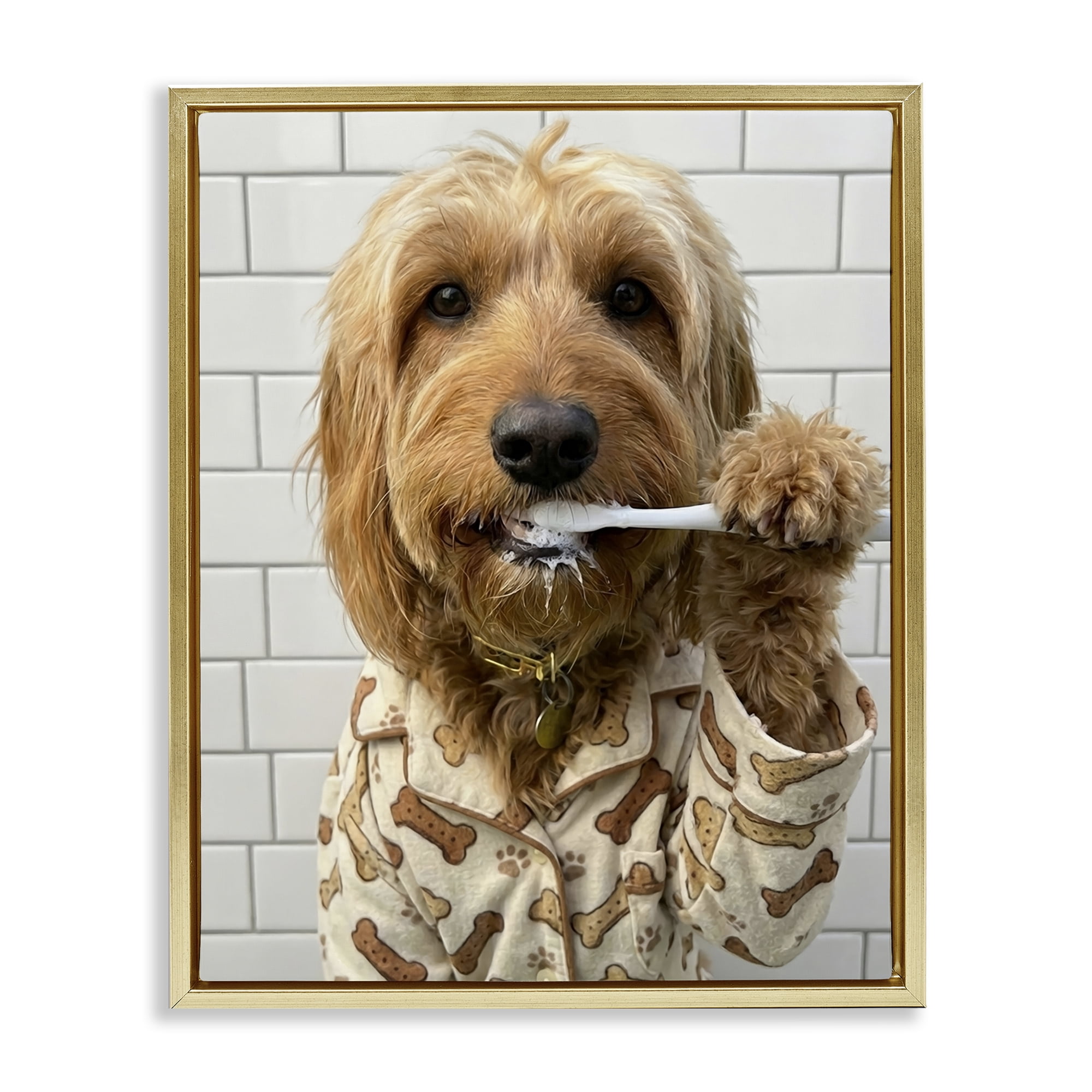 Stupell Industries Realistic Dog Brushing Teeth Gold Framed Floater Canvas Wall Art, design by Abigail Walker
