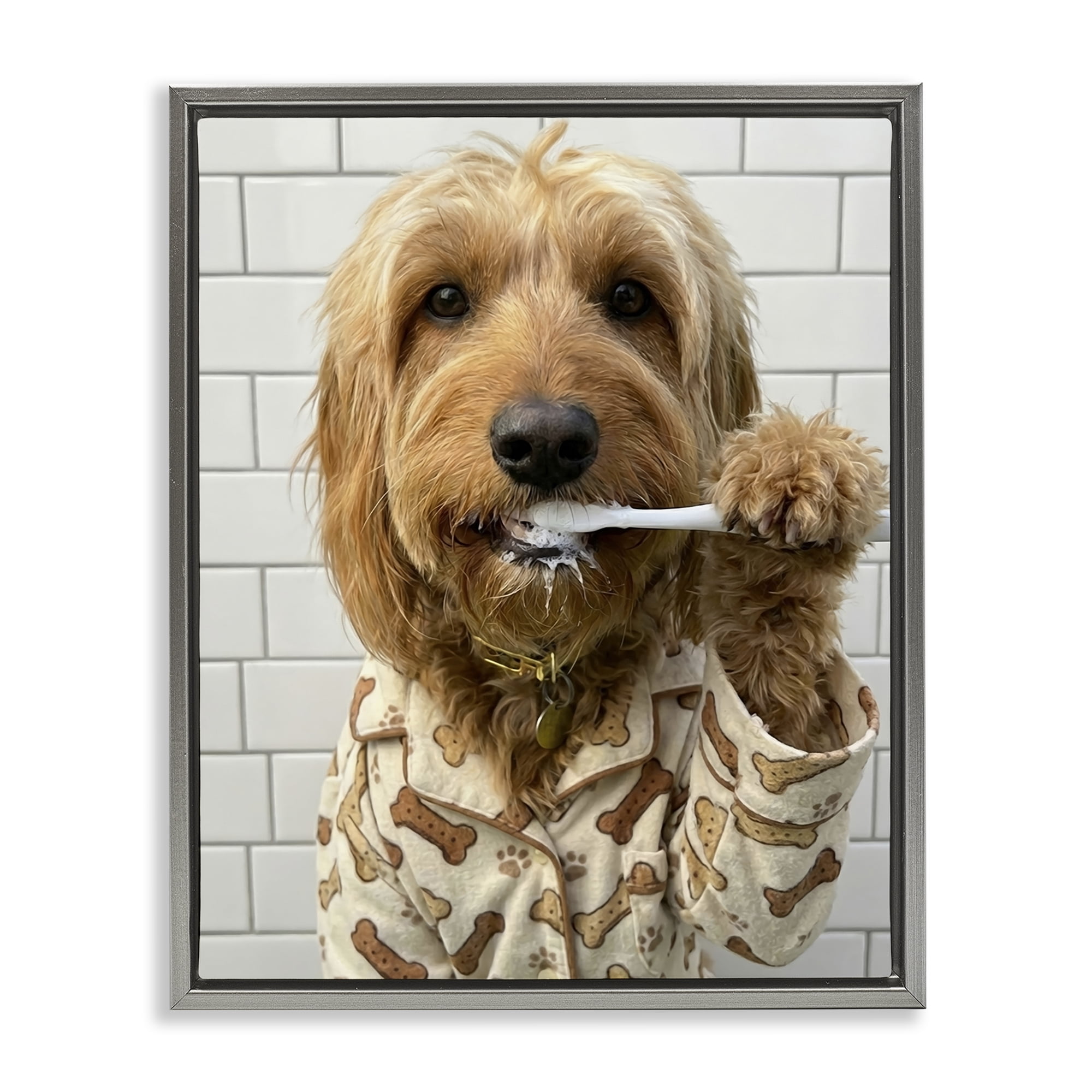 Stupell Industries Realistic Dog Brushing Teeth Gray Framed Floater Canvas Wall Art, design by Abigail Walker