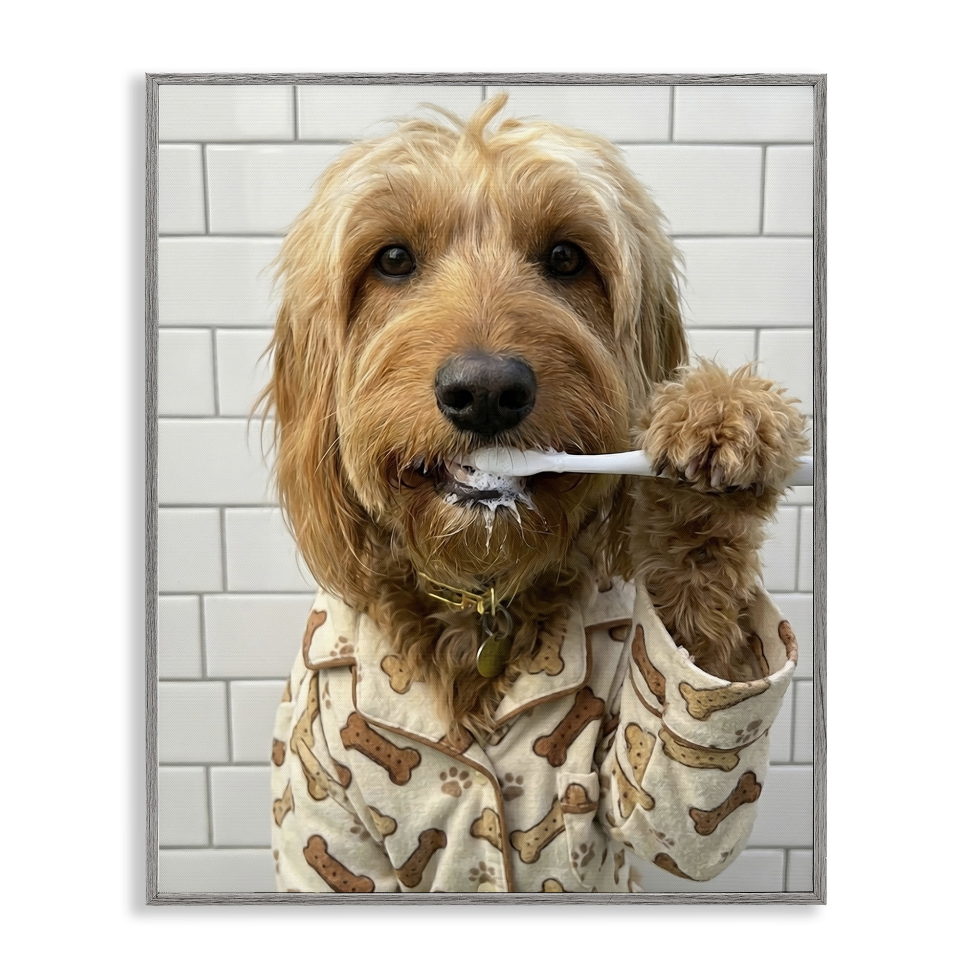 Stupell Industries Realistic Dog Brushing Teeth Gray Framed Giclee Art, design by Abigail Walker