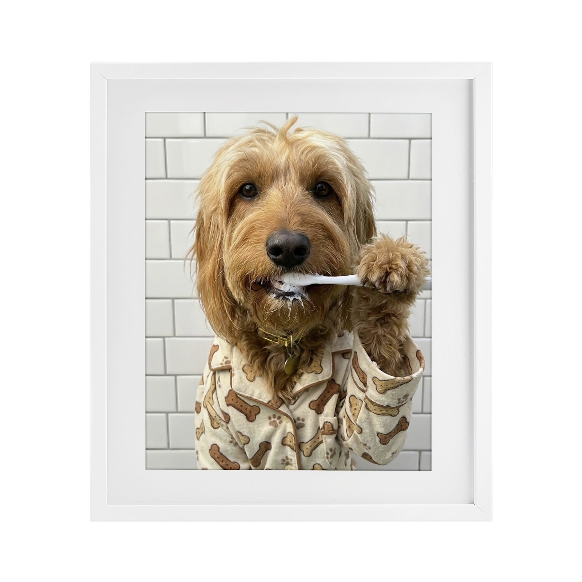 Stupell Industries Realistic Dog Brushing Teeth White Framed Print Under Glass, design by Abigail Walker