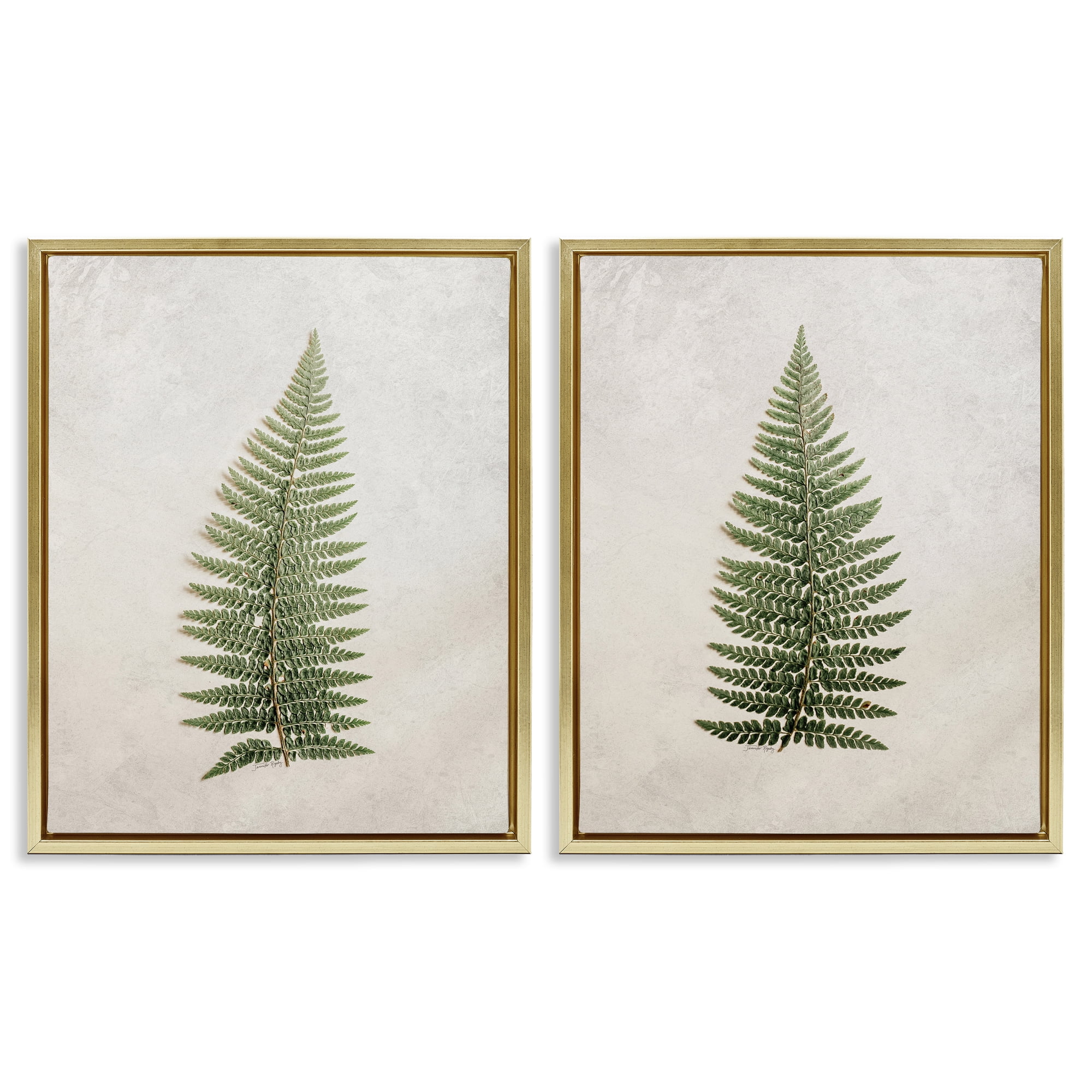 Stupell Industries Realistic Fern Leaves Plants & Flowers Painting Gold Floater Framed Canvas Art Print Wall Art, 17 x 21, Set of 2