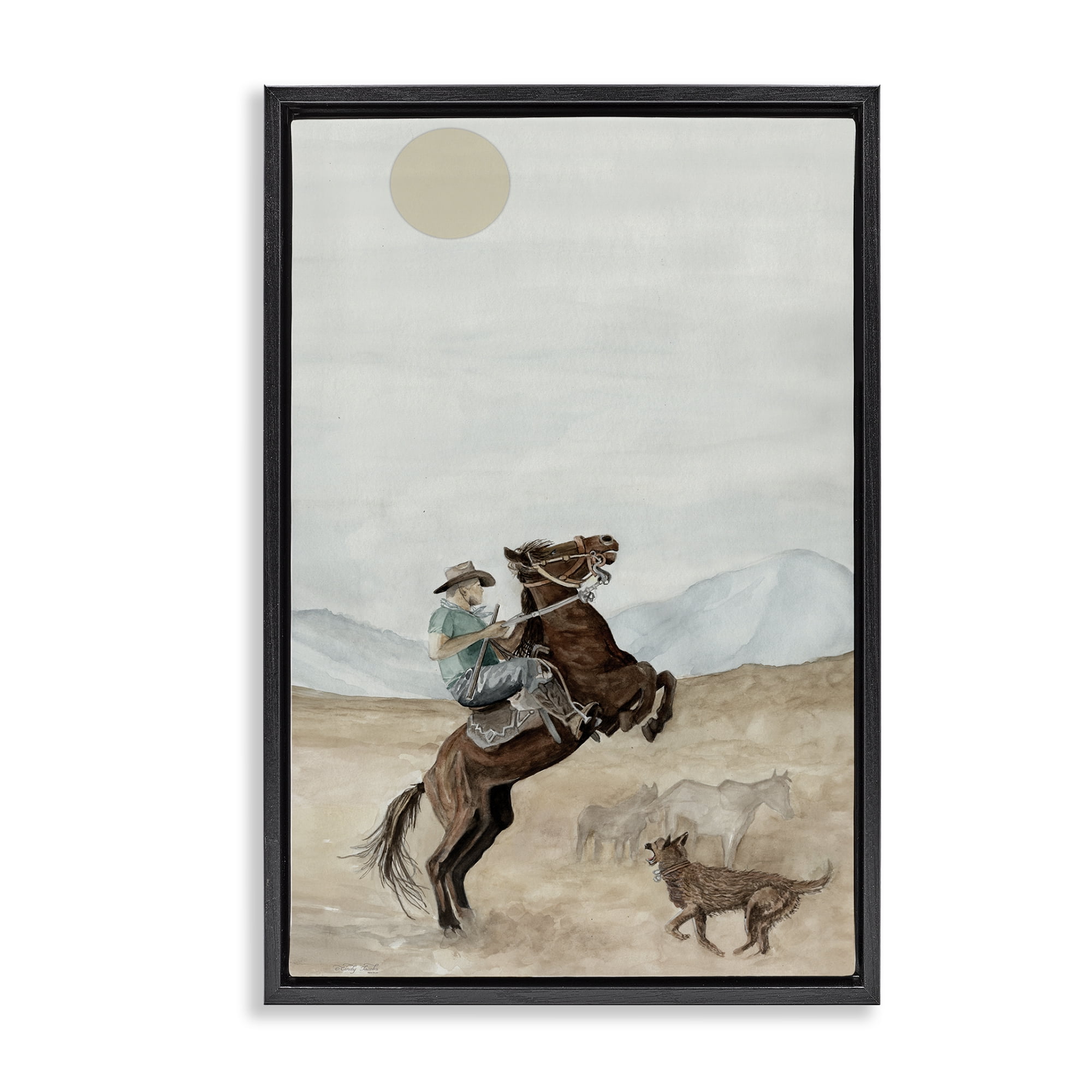 Stupell Industries Rearing Horse & Dog People Painting Black Floater Framed Canvas Art Print Wall Art, 21 x 31