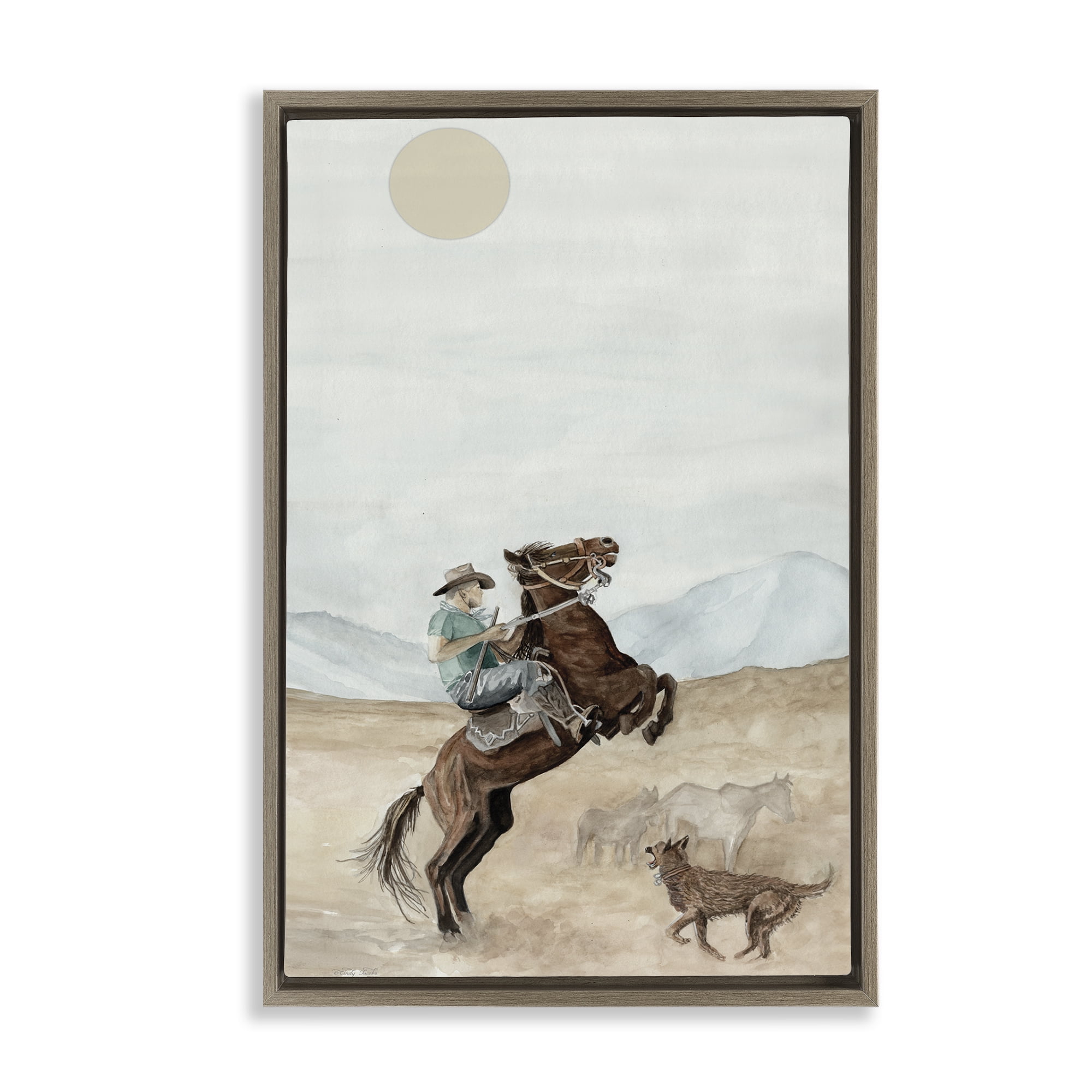 Stupell Industries Rearing Horse & Dog People Painting Brown Floater Framed Canvas Art Print Wall Art, 21 x 31