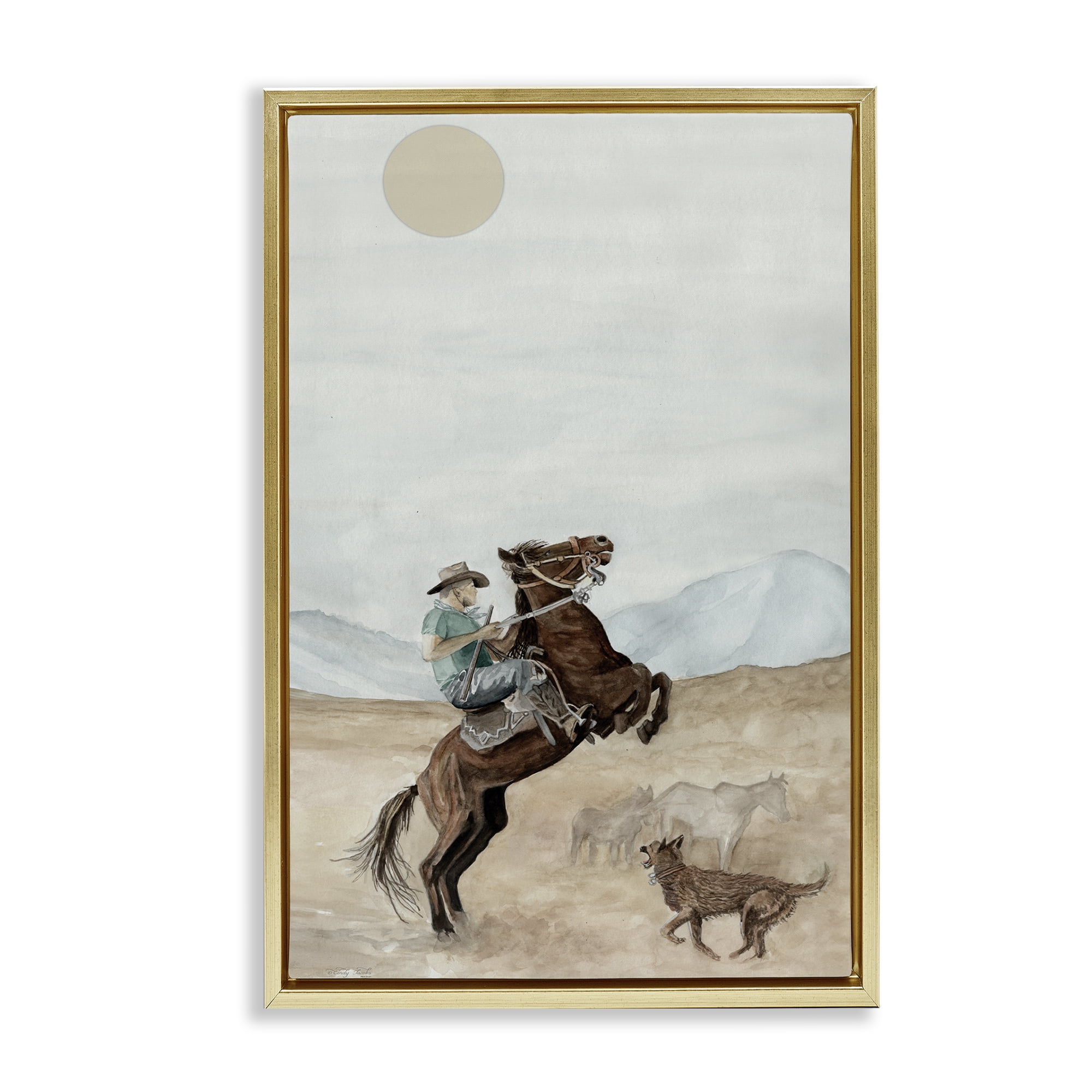 Stupell Industries Rearing Horse & Dog People Painting Gold Floater Framed Canvas Art Print Wall Art, 17 x 25