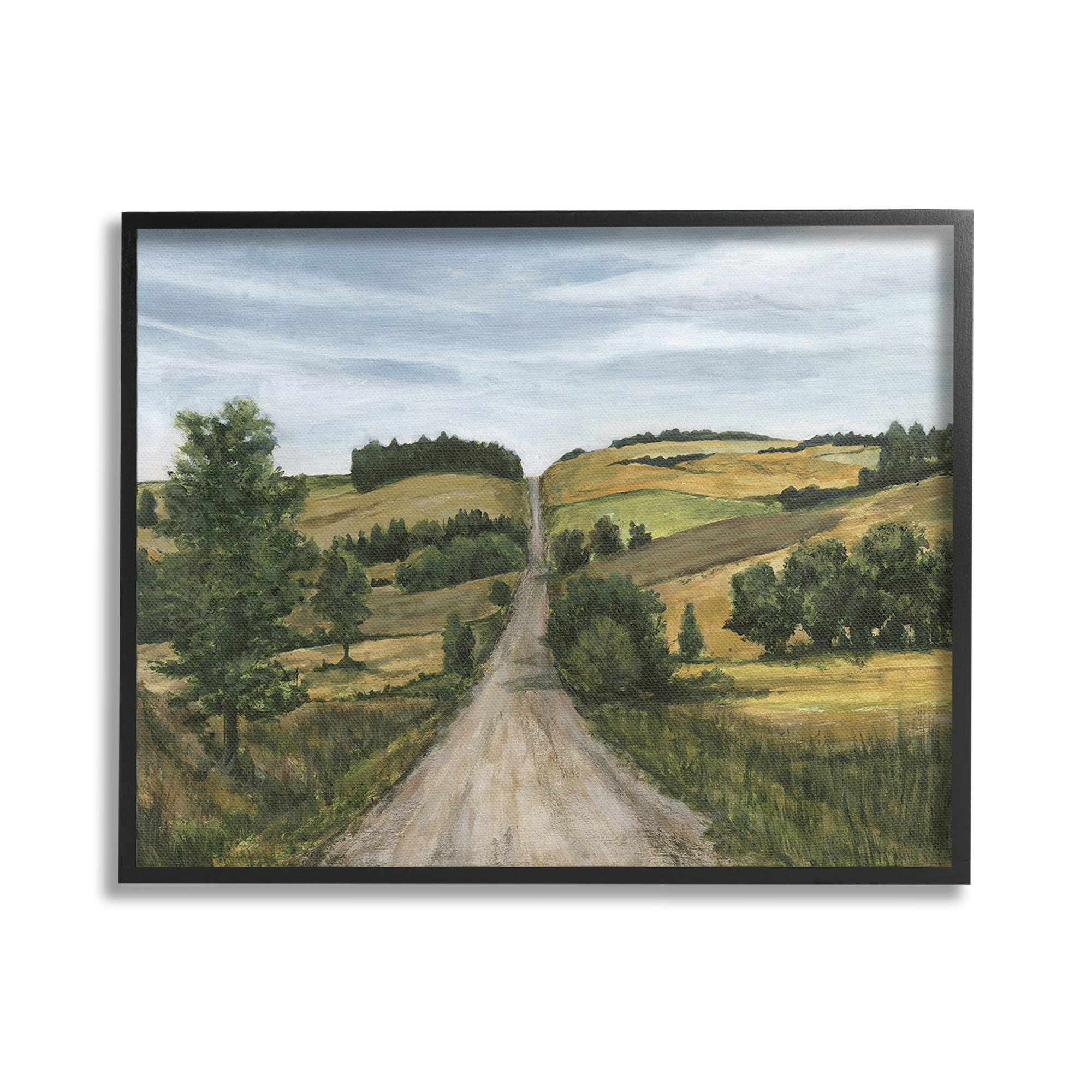 Stupell Industries Receding Country Path Landscape Painting Black Framed Art Print Wall Art, 20 x 16