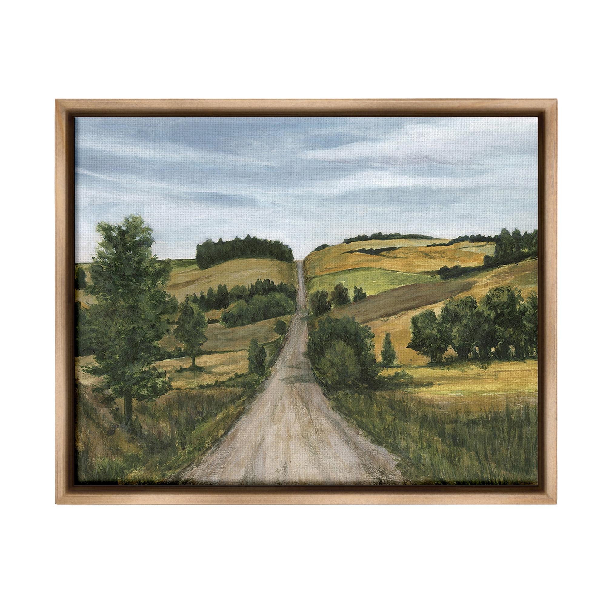 Stupell Industries Receding Country Path Landscape Painting Brown Floater Framed Canvas Art Print Wall Art, 21 x 17