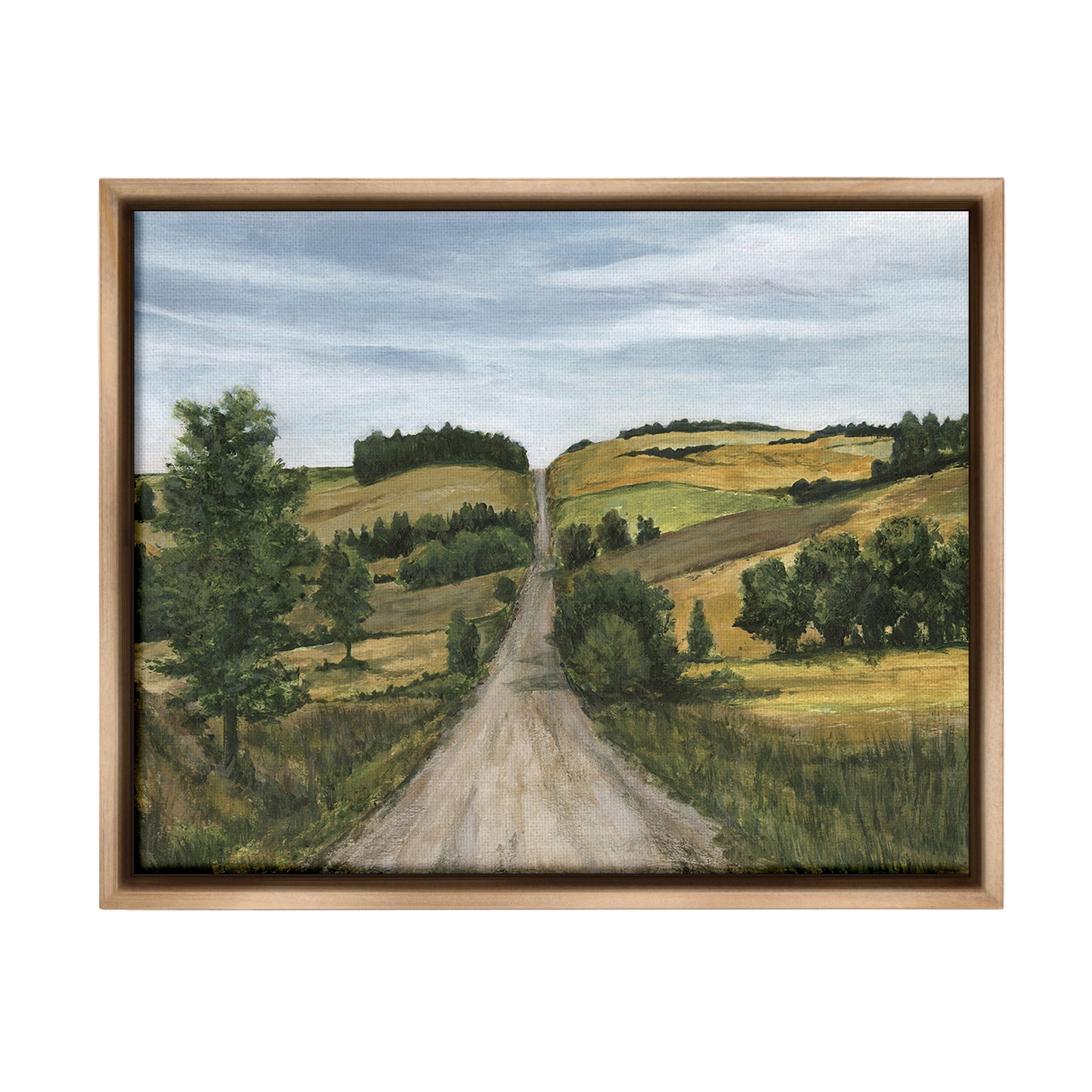 Stupell Industries Receding Country Path Landscape Painting Brown Floater Framed Canvas Art Print Wall Art, 31 x 25
