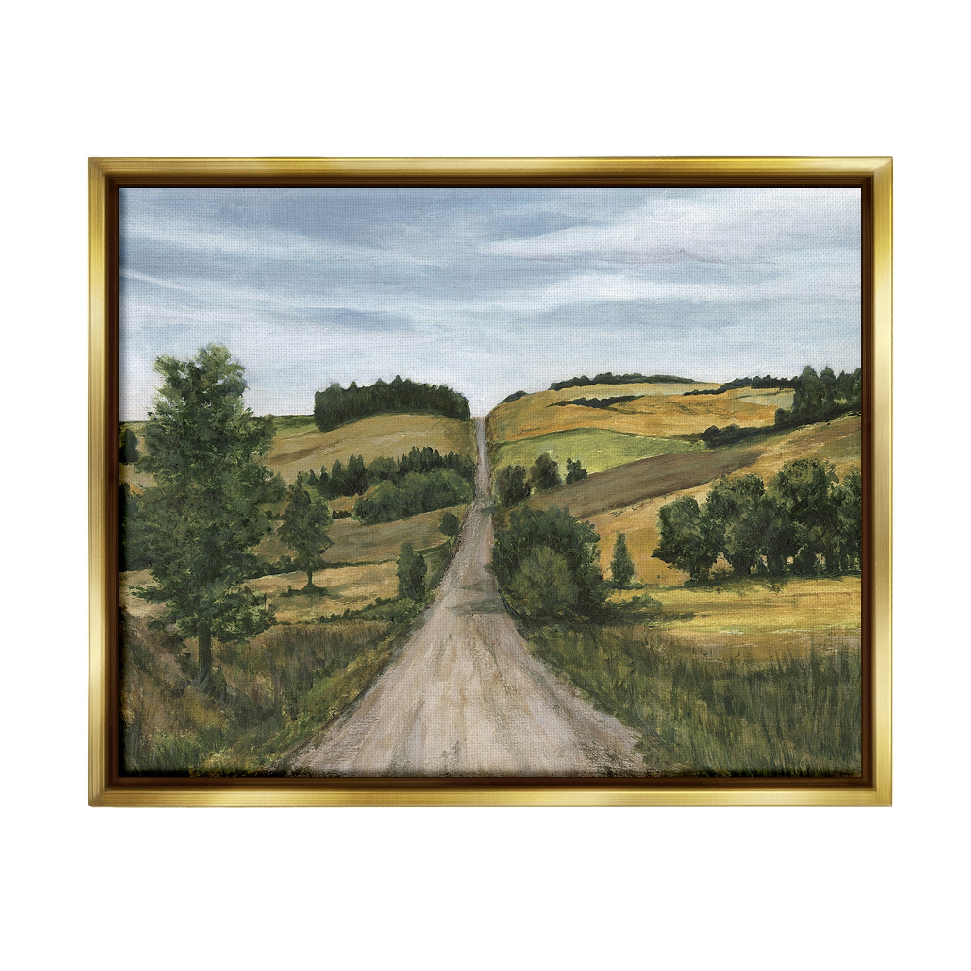 Stupell Industries Receding Country Path Landscape Painting Gold Floater Framed Canvas Art Print Wall Art, 31 x 25